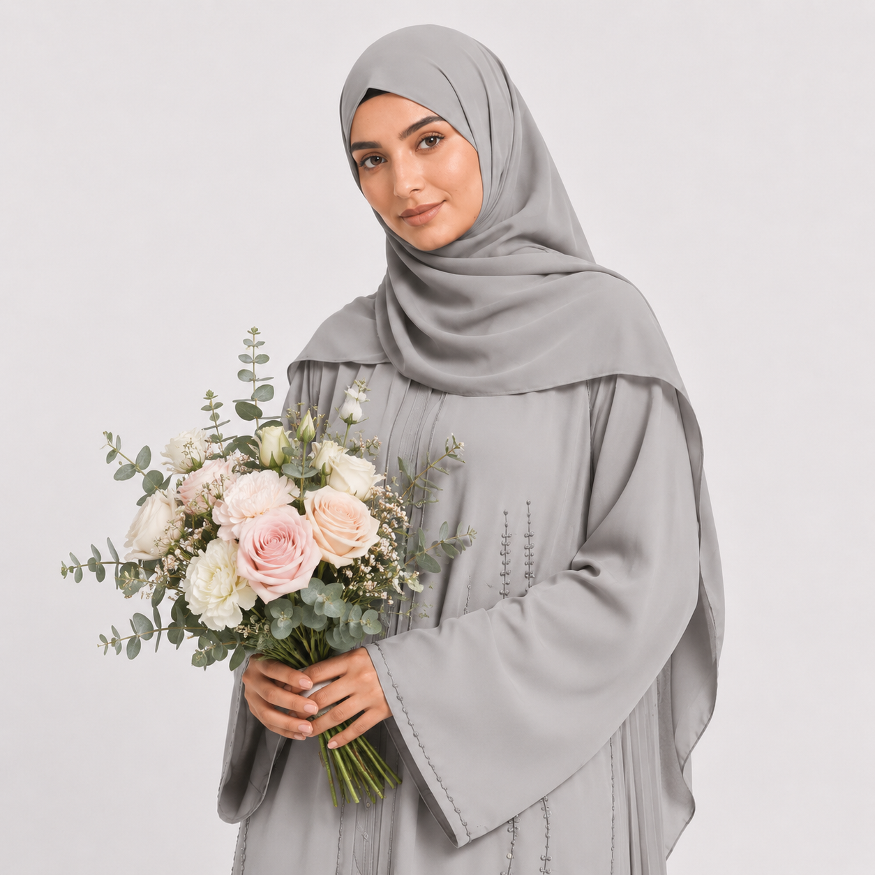 Woman wearing a gray hijab and dress holding a bouquet of flowers on a light gray background