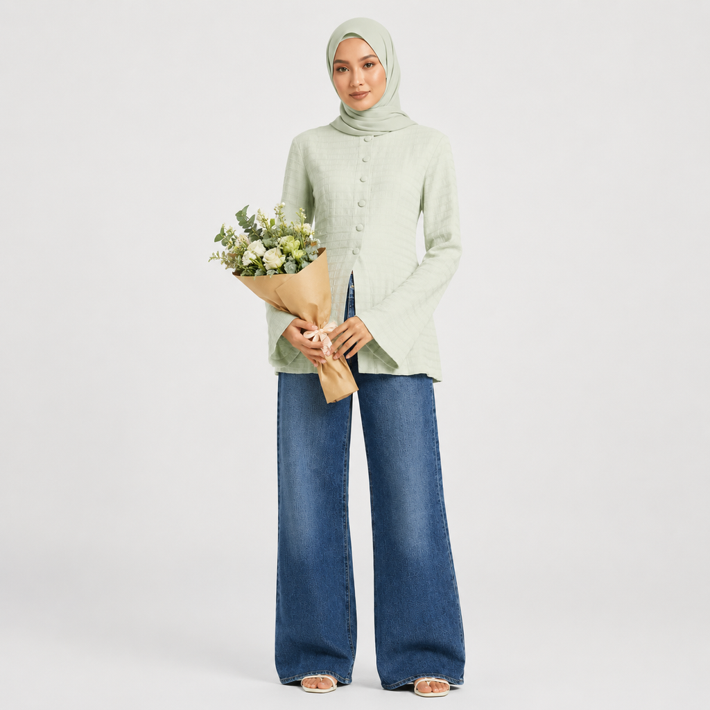 Woman holding a bouquet of flowers wearing a light green cardigan and blue jeans on a white background