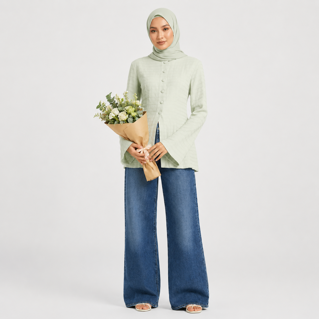 Woman holding a bouquet of flowers wearing a light green cardigan and blue jeans on a white background