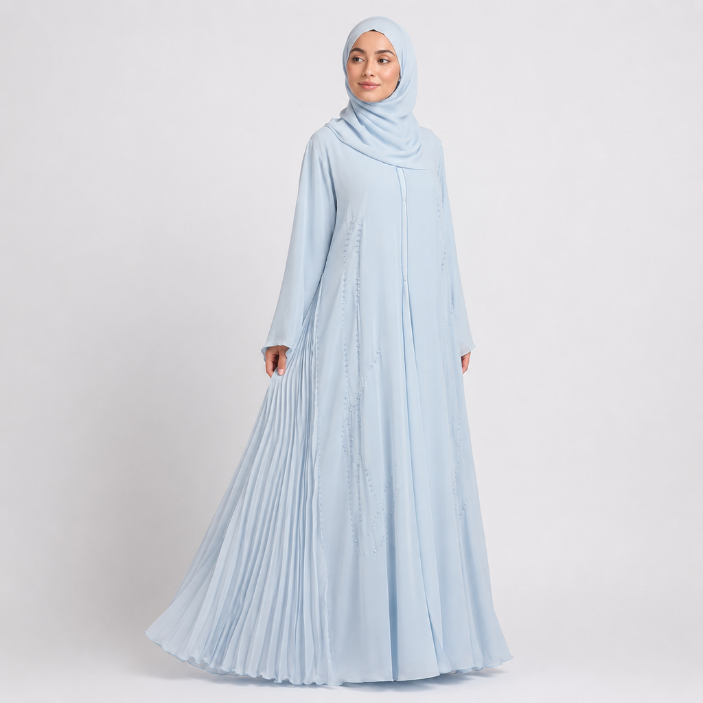 Luxury Crystal Pleated Open Abaya – Sky Blue