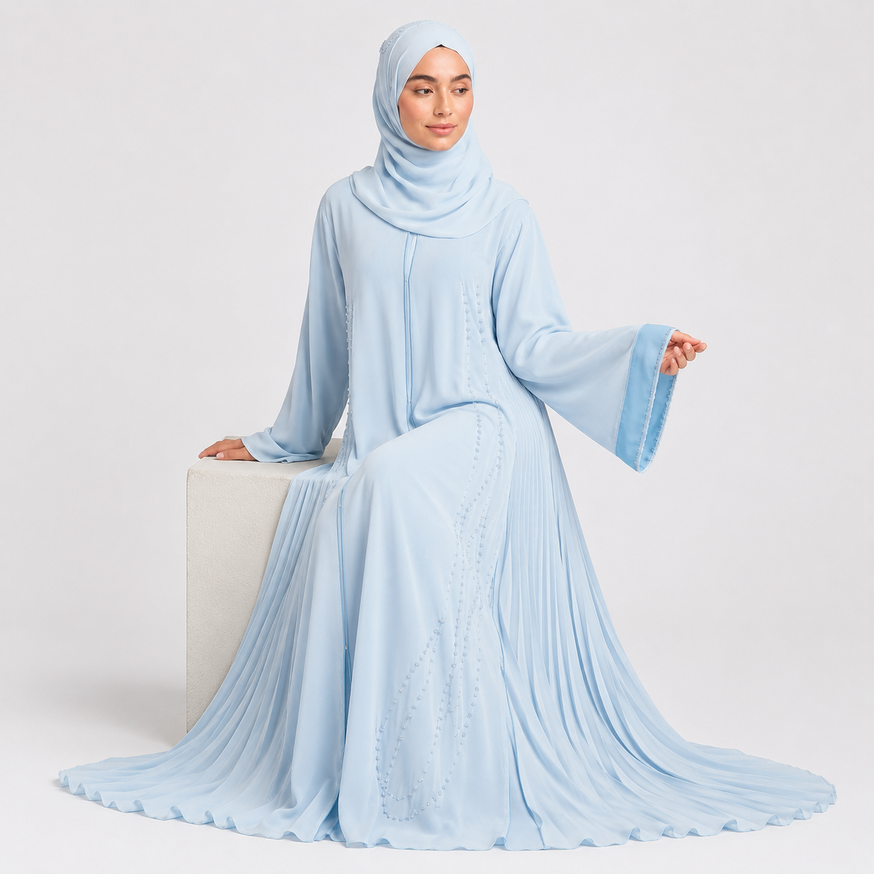 Luxury Crystal Pleated Open Abaya – Sky Blue