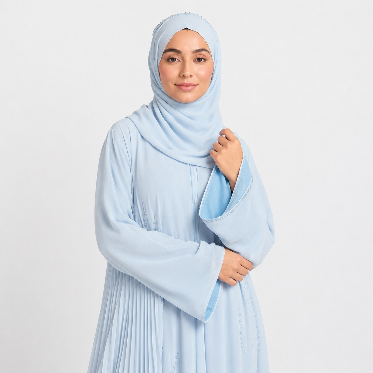 Luxury Crystal Pleated Open Abaya – Sky Blue