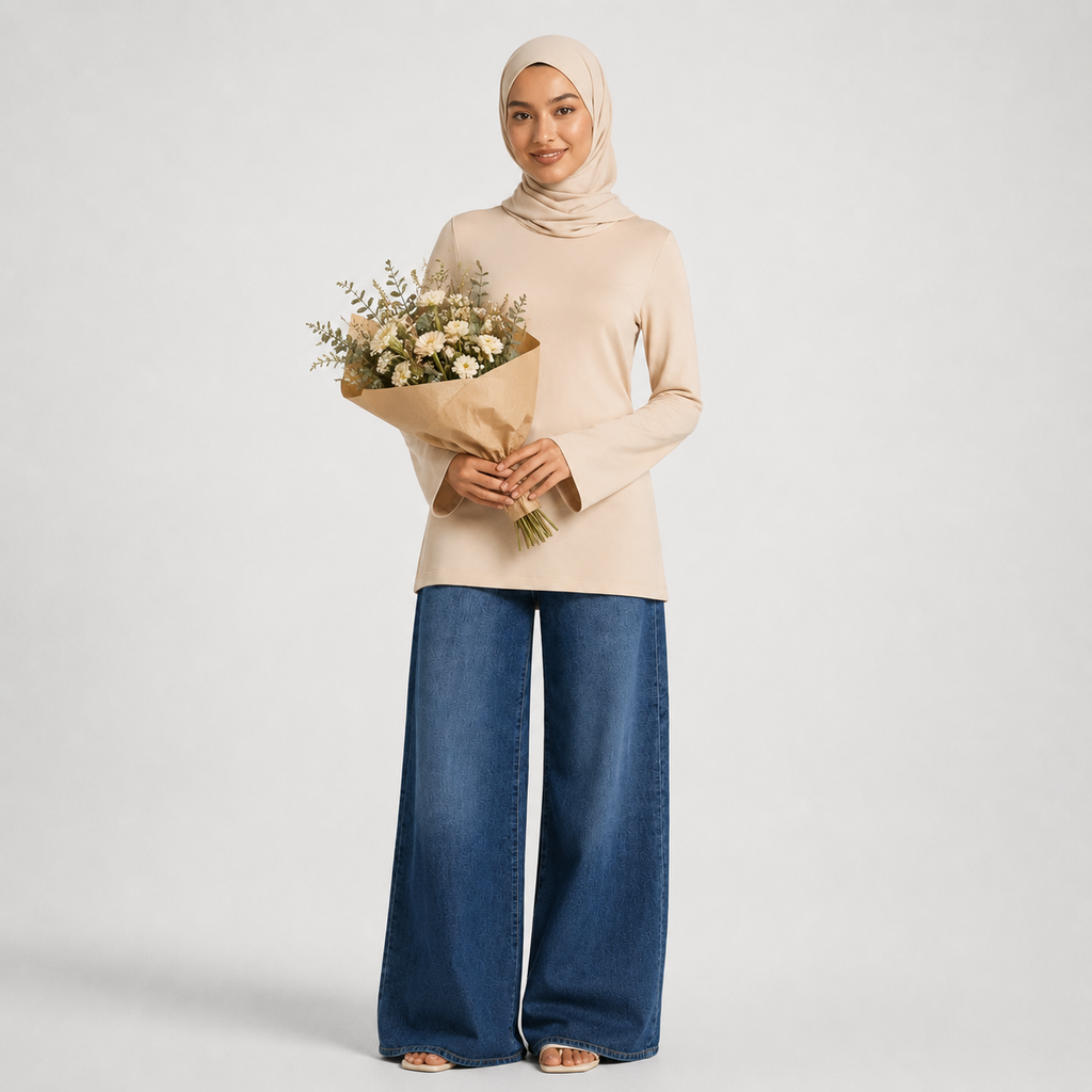 Woman holding a bouquet of flowers wearing a beige top and blue jeans on a white background