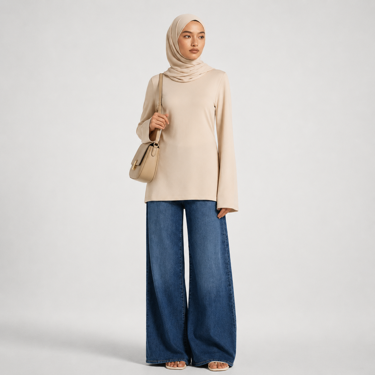 Woman wearing a beige hijab, beige top, and blue jeans holding a beige handbag on a light gray background