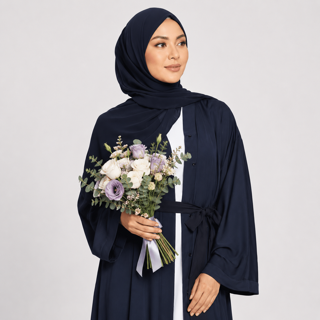 Woman wearing a navy abaya holding a bouquet of flowers on a light gray background