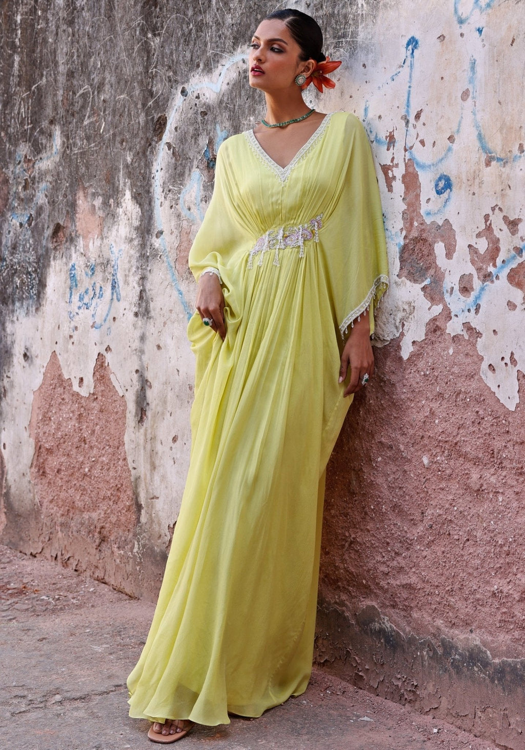 Lime Green Embellished Chiffon Kaftan with Handcrafted Beadwork