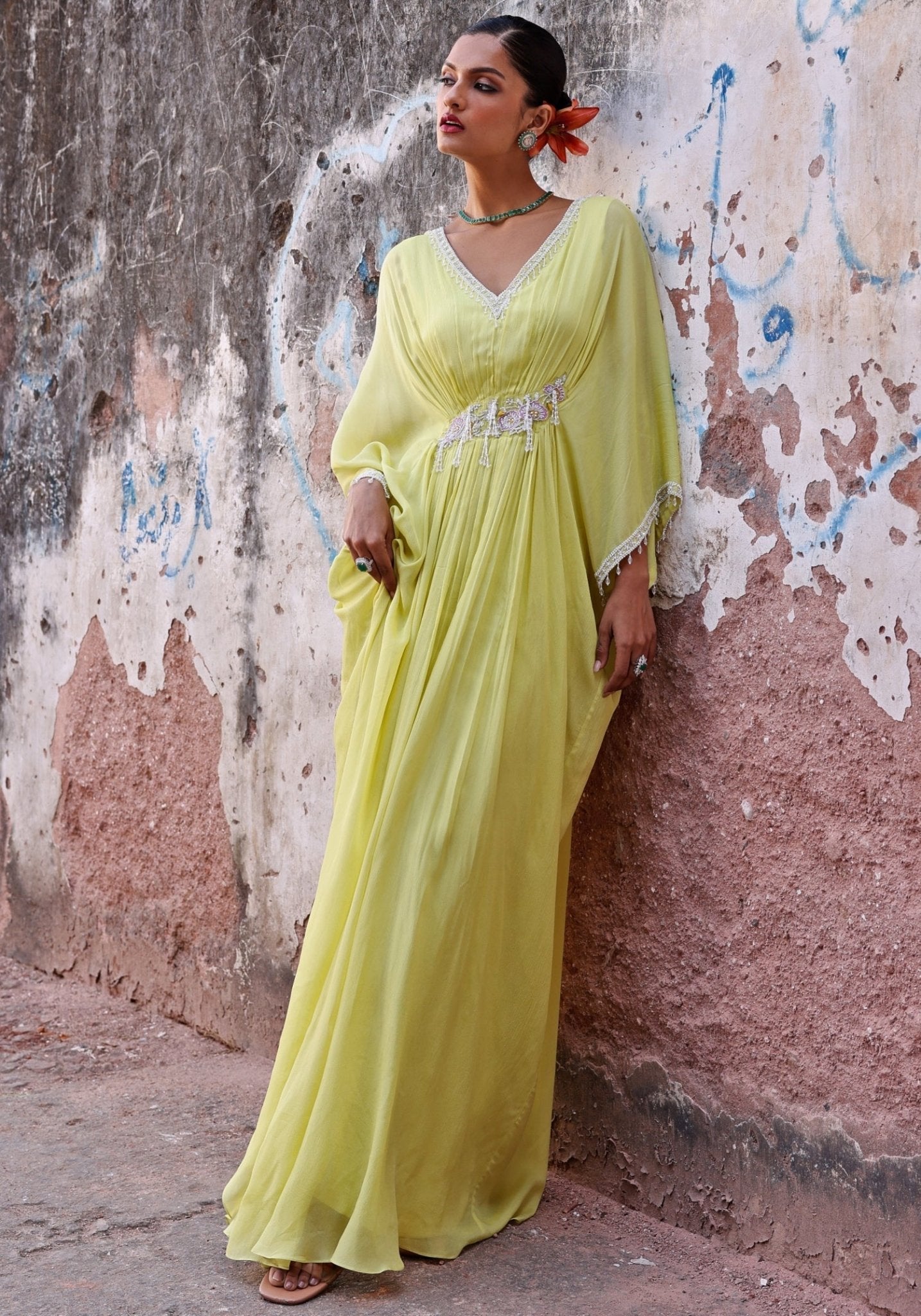 Lime Green Embellished Chiffon Kaftan with Handcrafted Beadwork