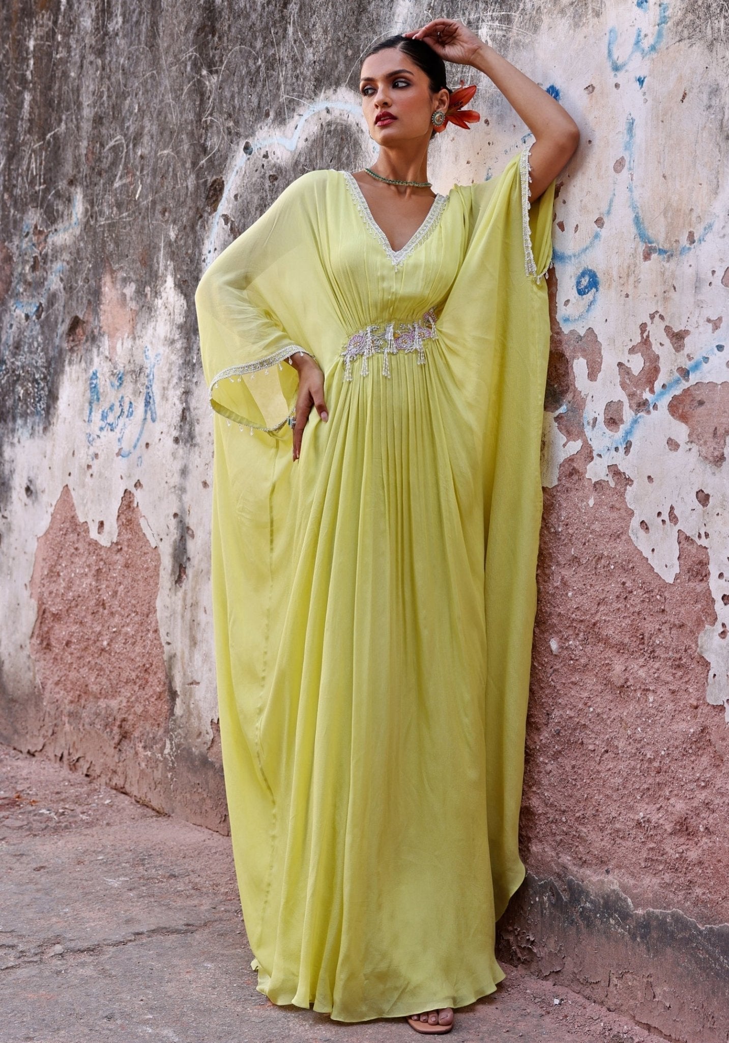 Lime Green Embellished Chiffon Kaftan with Handcrafted Beadwork