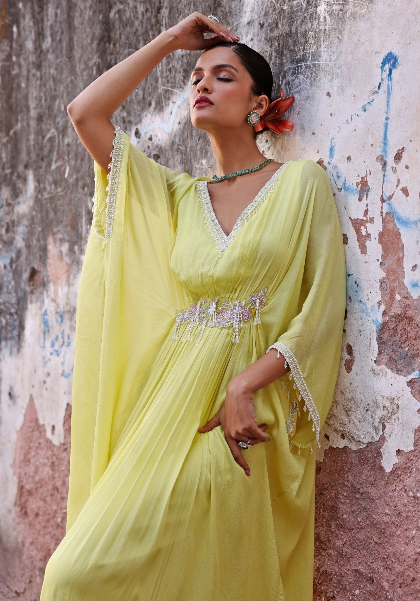Lime Green Embellished Chiffon Kaftan with Handcrafted Beadwork