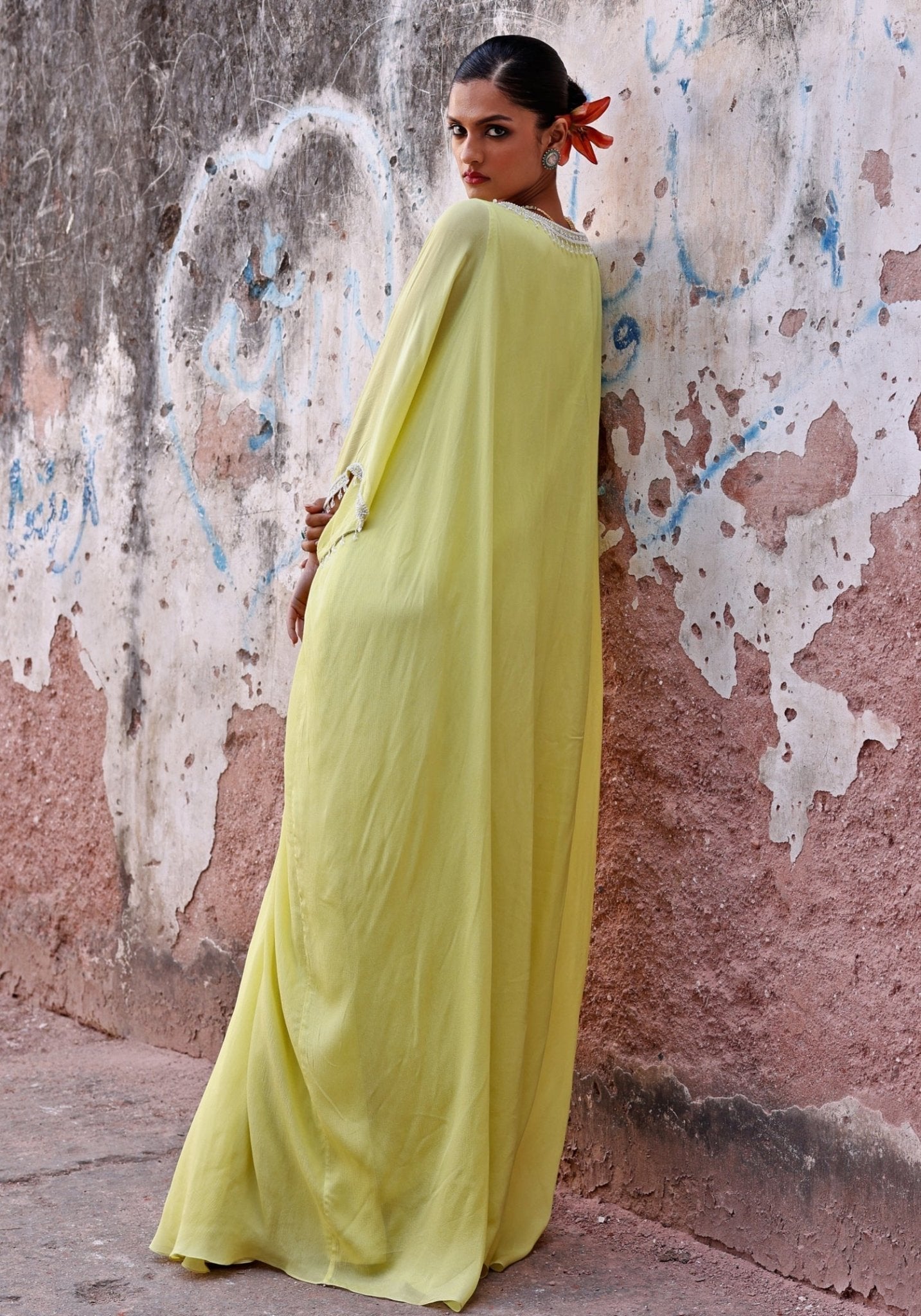 Lime Green Embellished Chiffon Kaftan with Handcrafted Beadwork