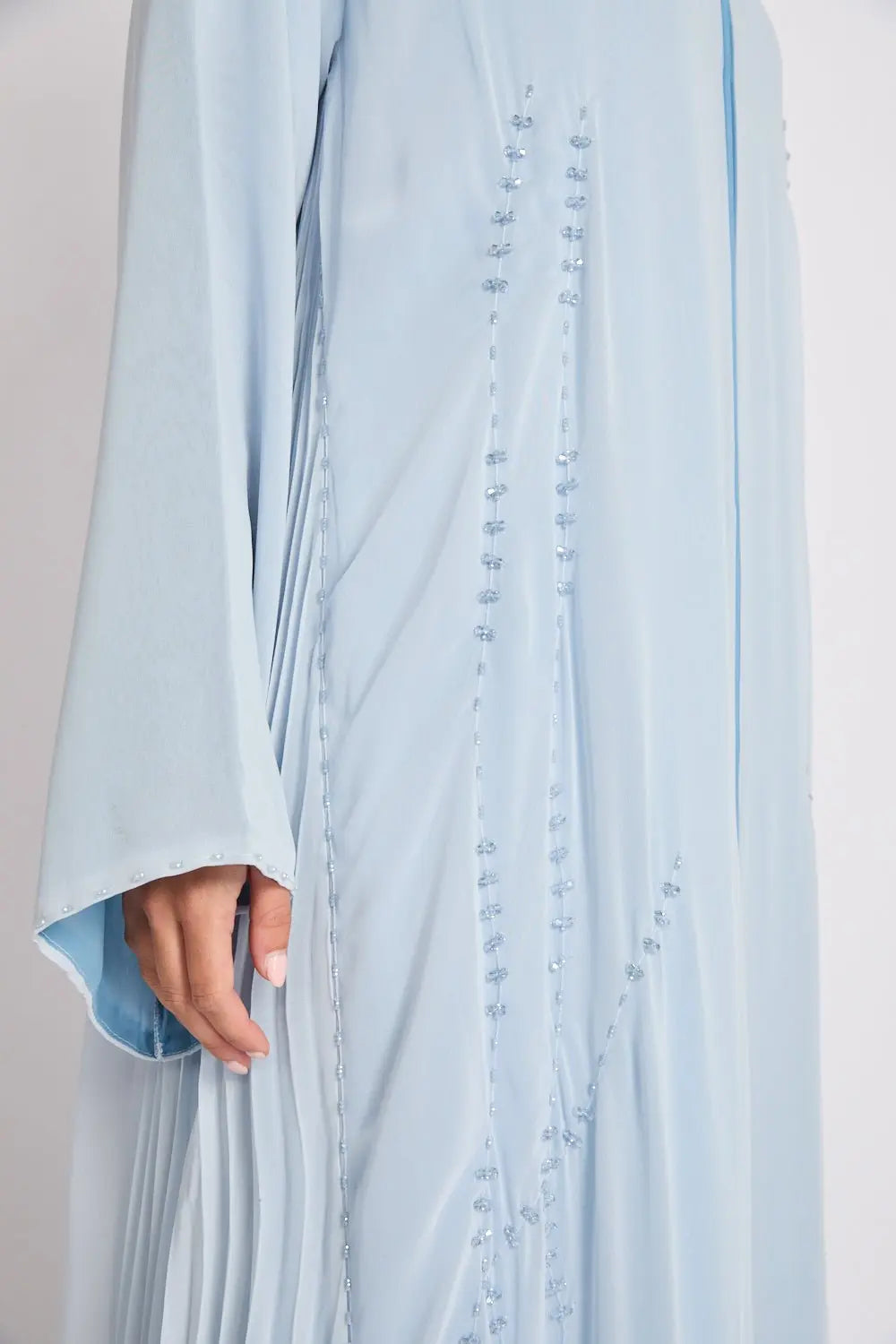Luxury Crystal Pleated Open Abaya – Sky Blue - Mahara Atelier