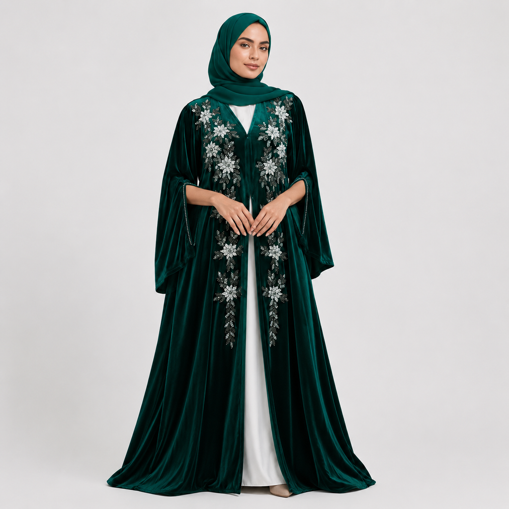 Woman wearing a dark green abaya with floral embroidery on a white background