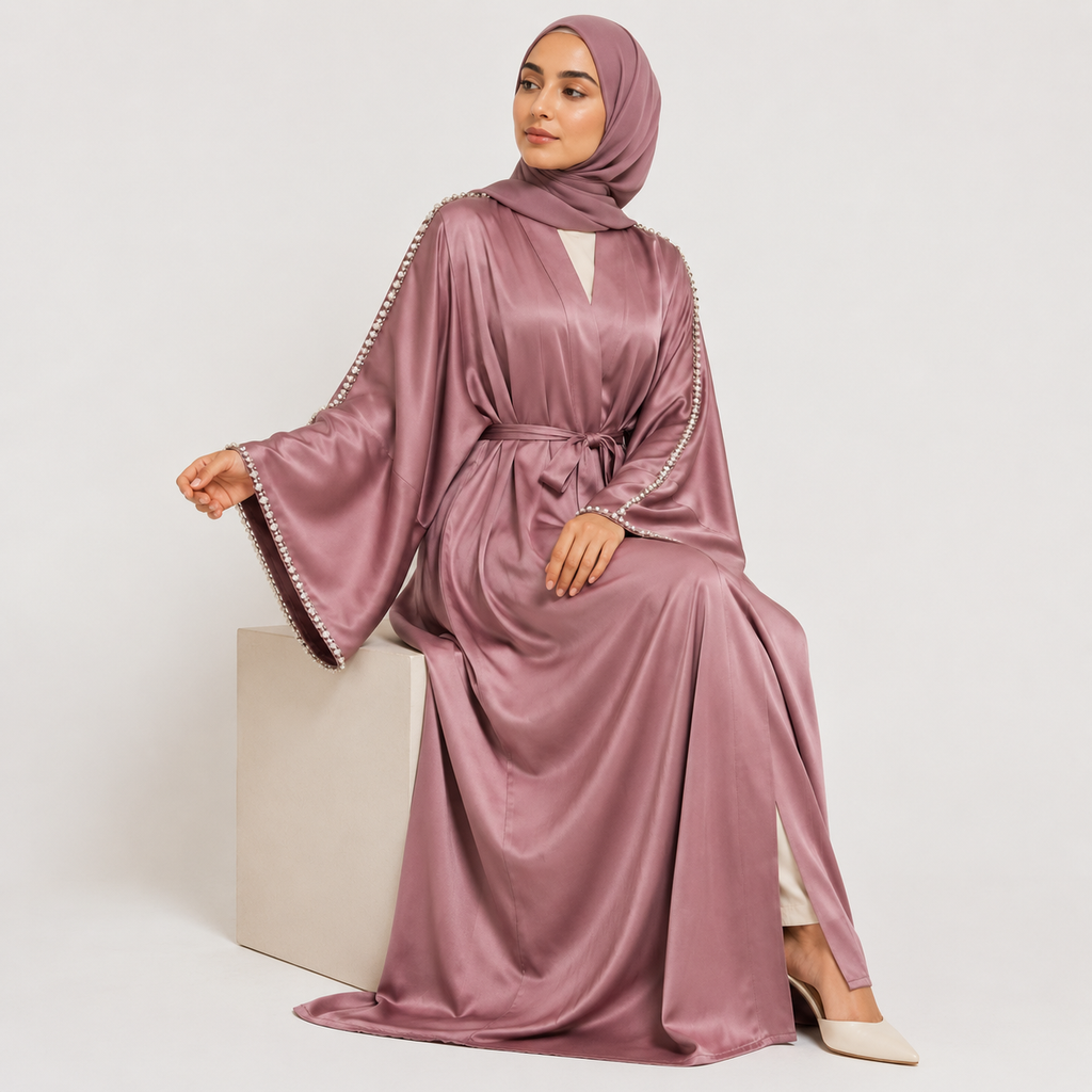 Pink Satin Abaya with Pearl Embellished Sleeves