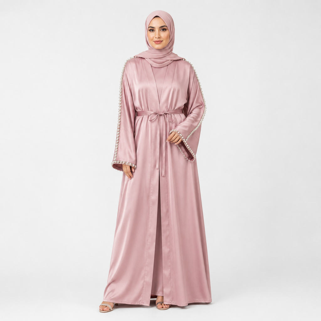 Pink Satin Abaya with Pearl Embellished Sleeves