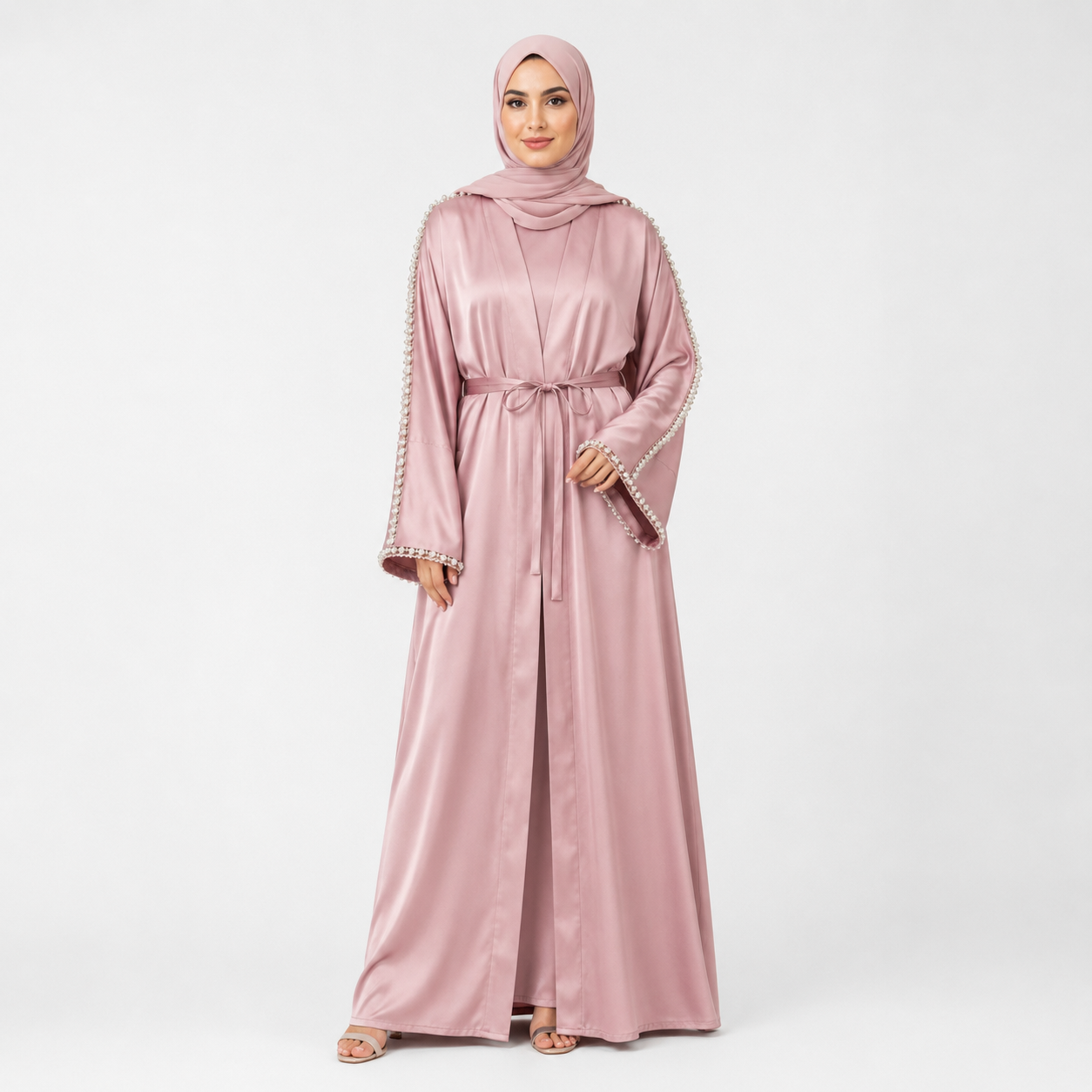 Pink Satin Abaya with Pearl Embellished Sleeves