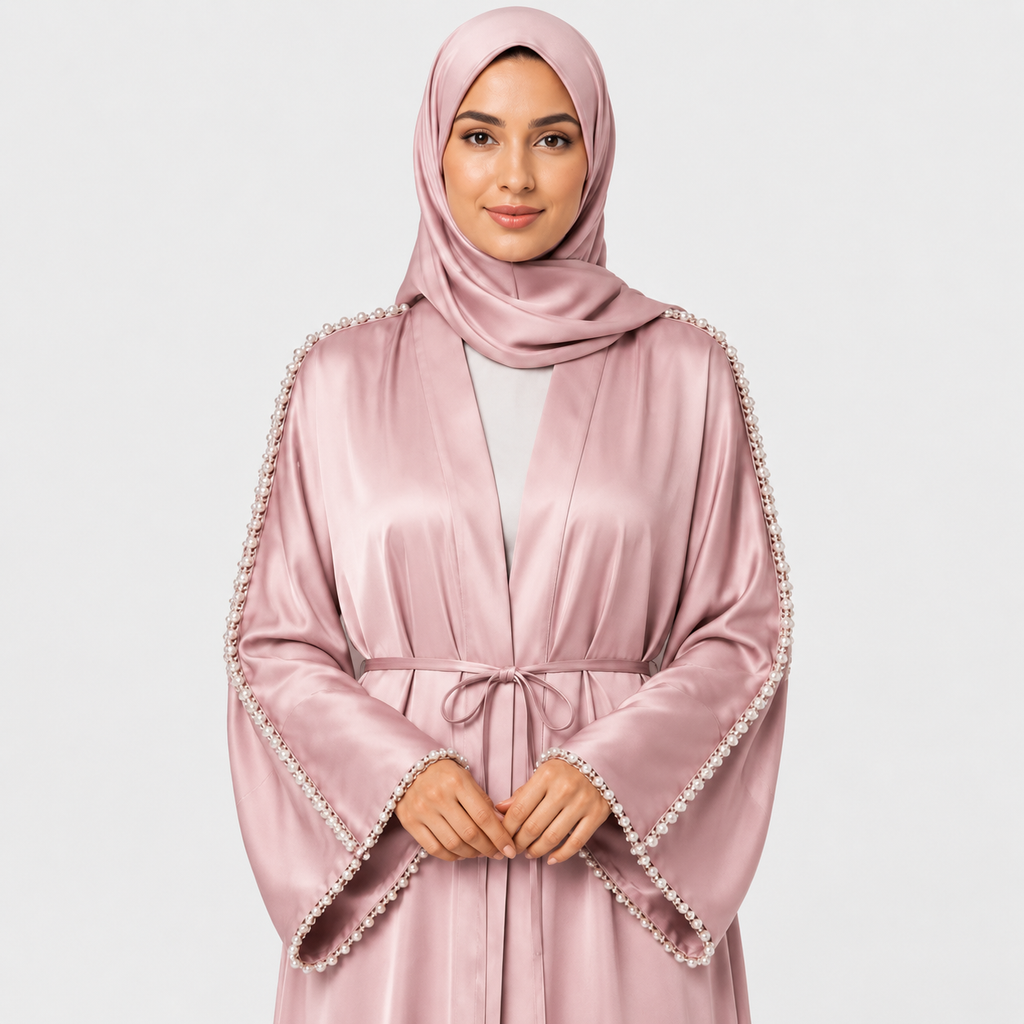 Pink Satin Abaya with Pearl Embellished Sleeves