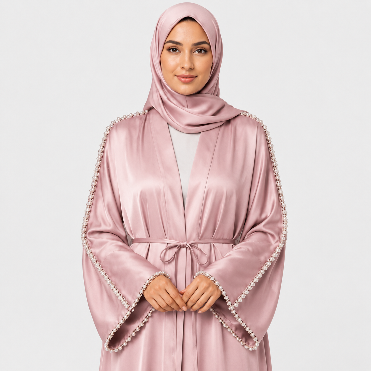 Pink Satin Abaya with Pearl Embellished Sleeves