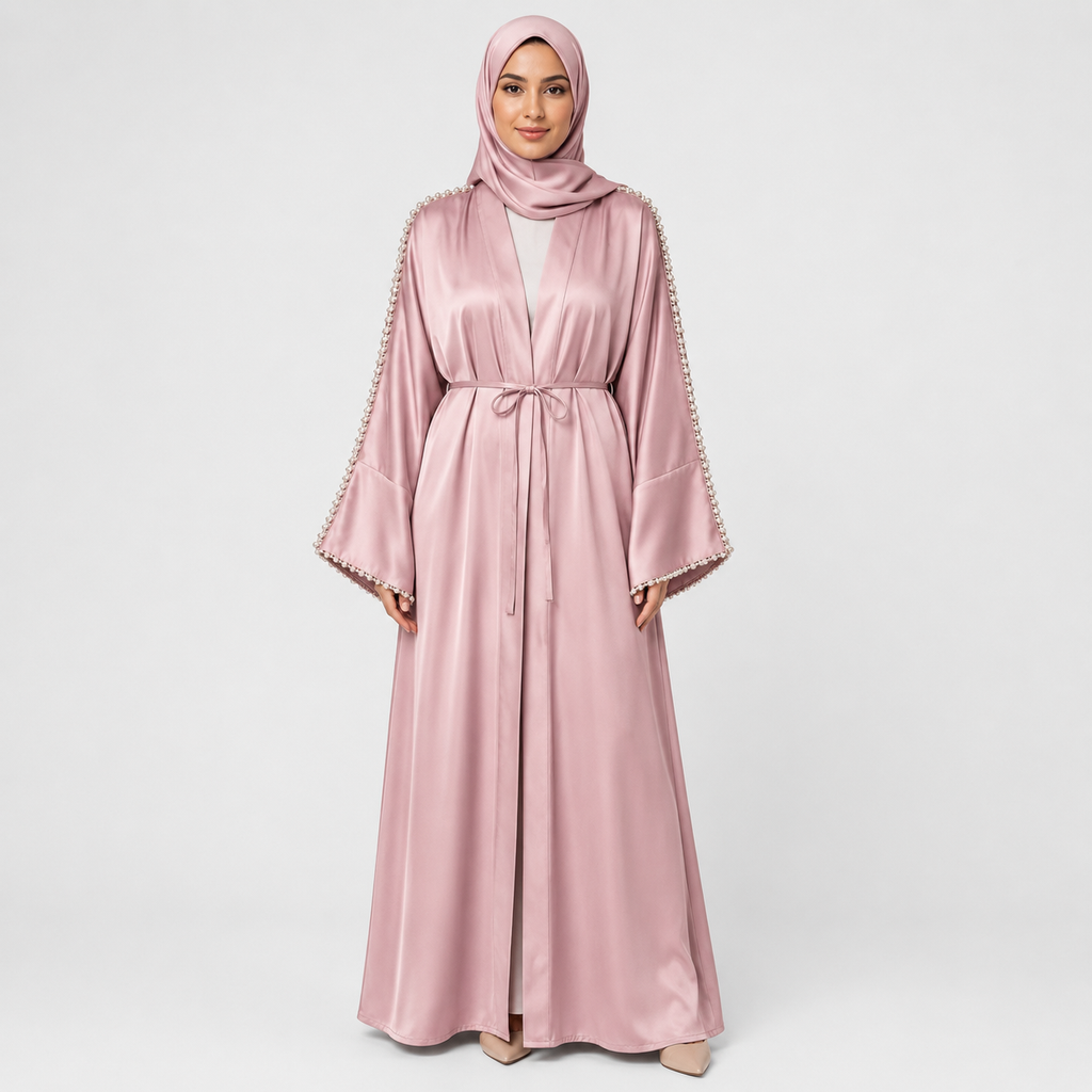 Pink Satin Abaya with Pearl Embellished Sleeves
