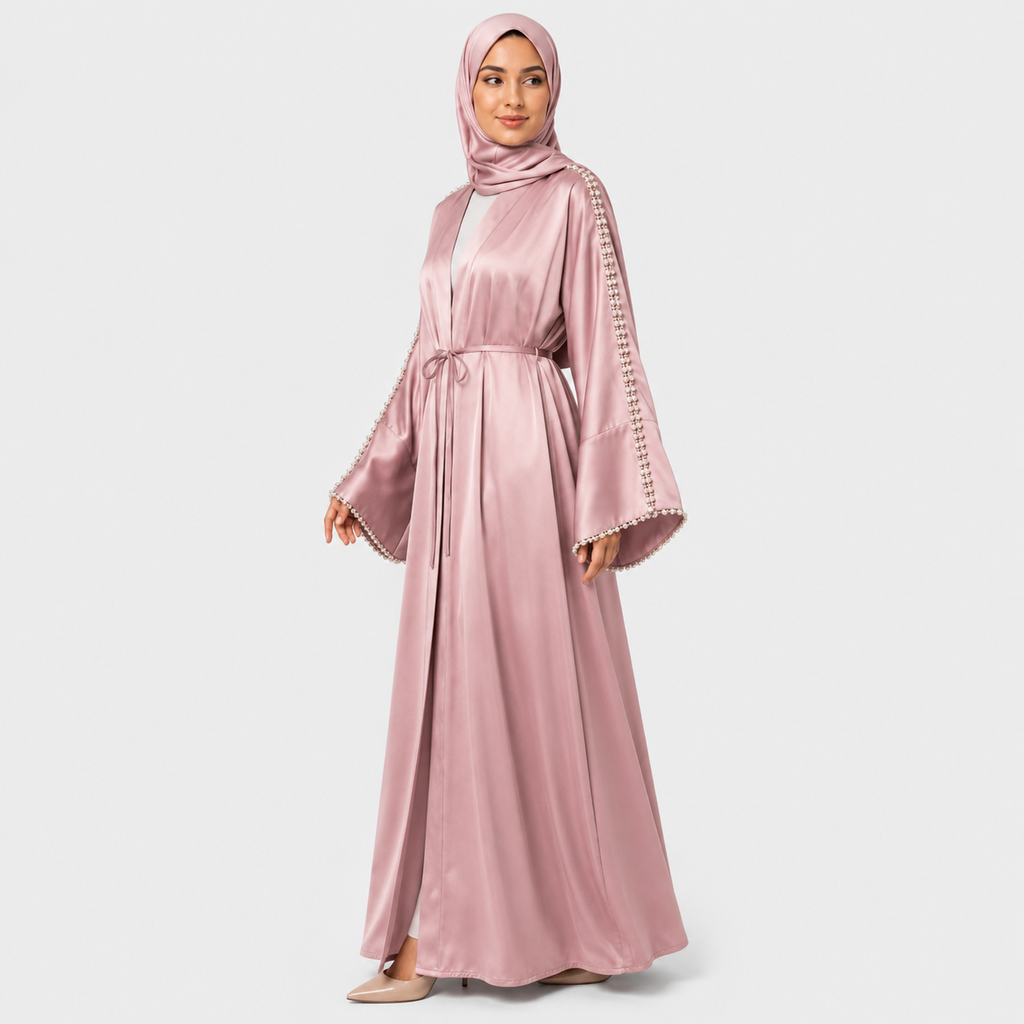 Pink Satin Abaya with Pearl Embellished Sleeves