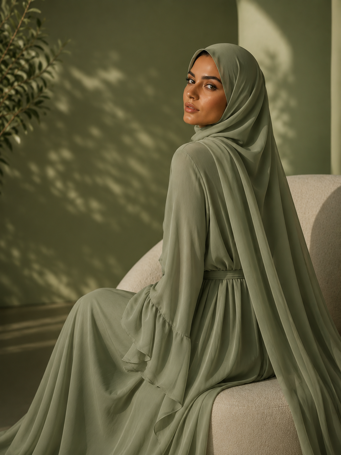 Woman in a green hijab and dress sitting on a couch with a plant in the background