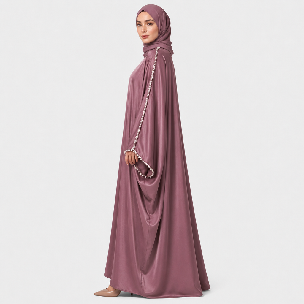 Elegant Plum Satin Abaya with Pearl Sleeve Detail