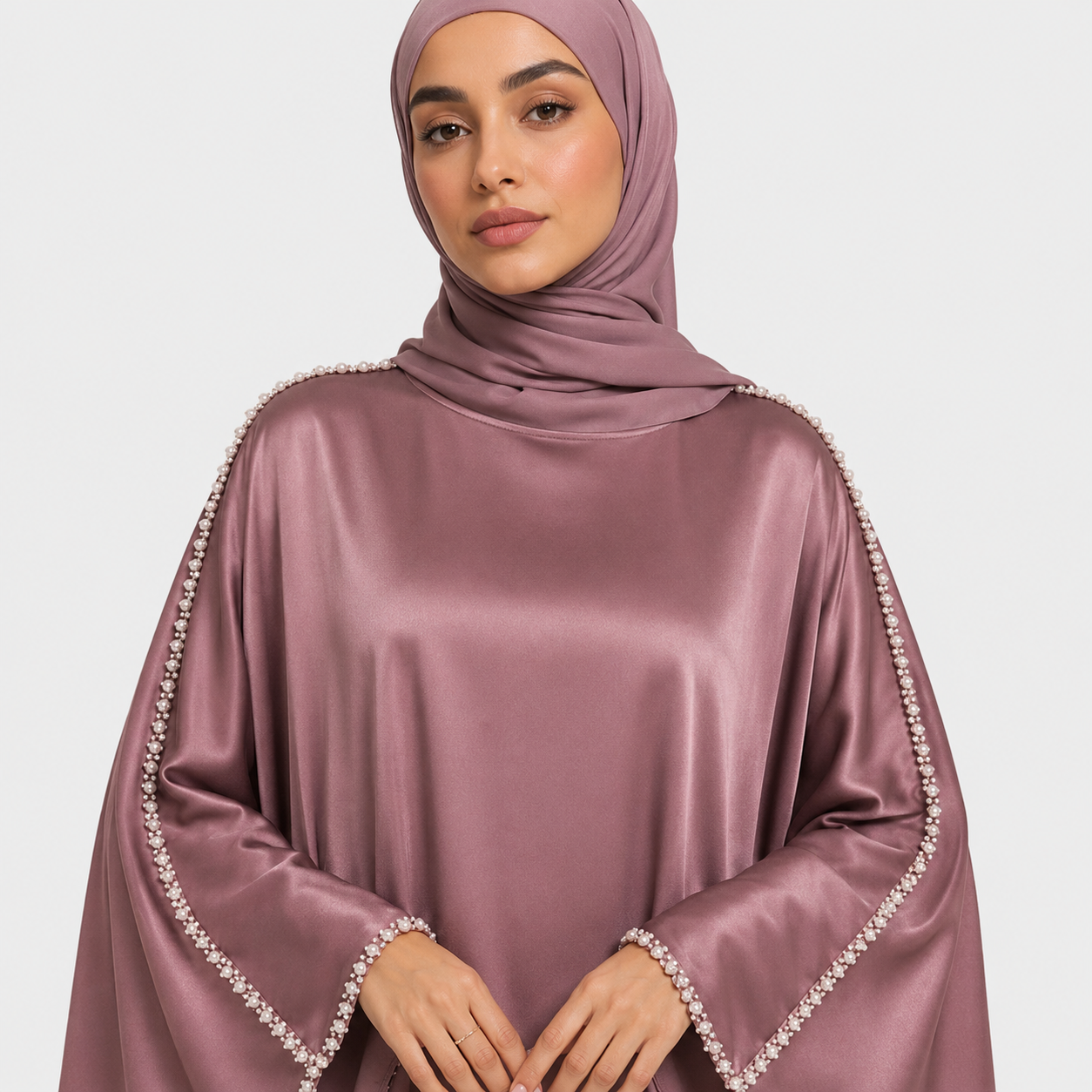Elegant Plum Satin Abaya with Pearl Sleeve Detail