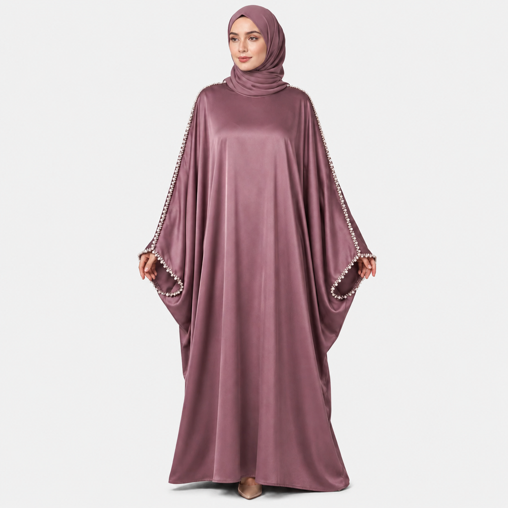 Elegant Plum Satin Abaya with Pearl Sleeve Detail