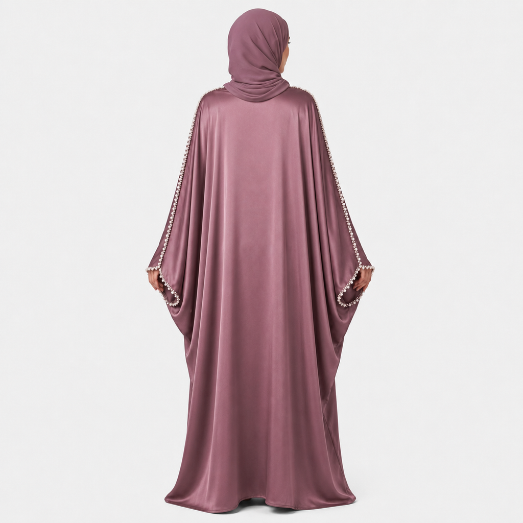 Elegant Plum Satin Abaya with Pearl Sleeve Detail