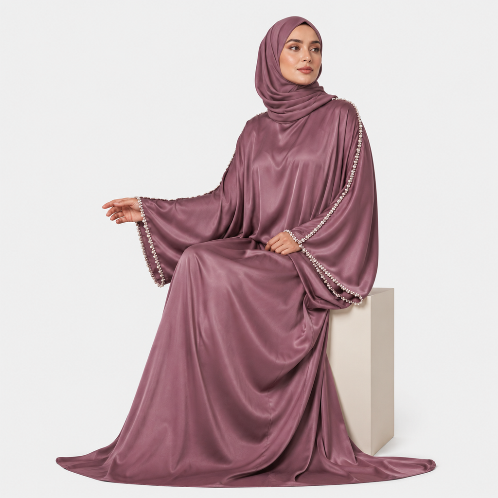 Elegant Plum Satin Abaya with Pearl Sleeve Detail