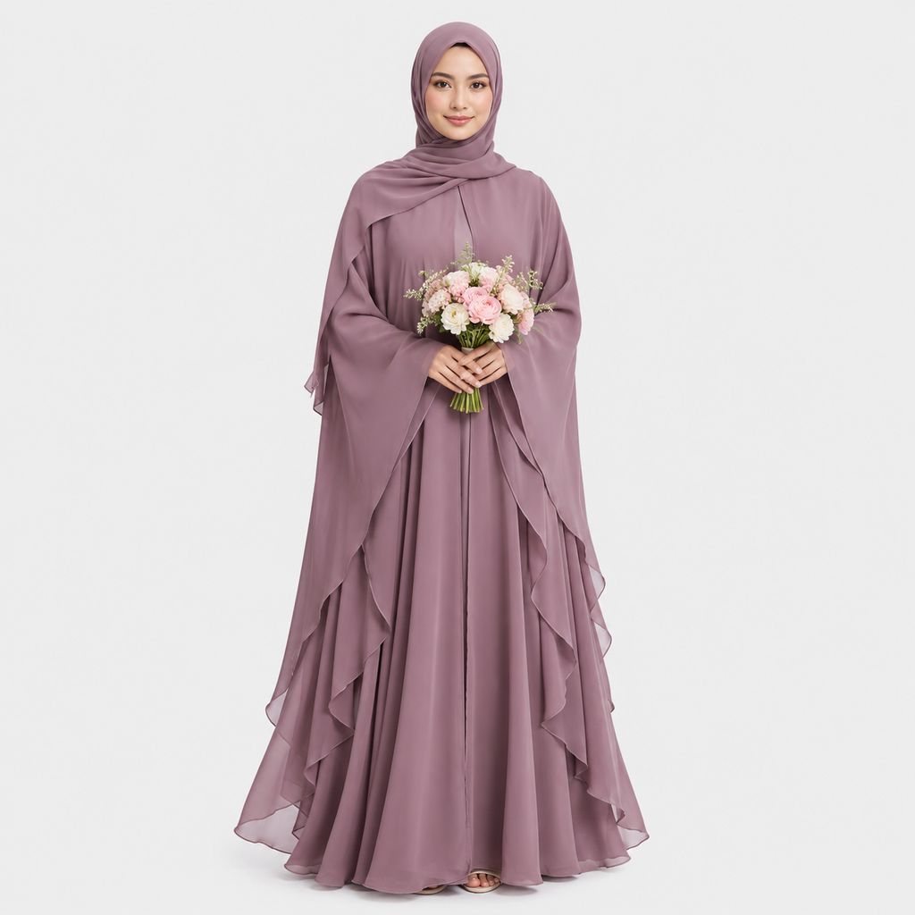 Woman wearing a long, light purple dress holding flowers on a white background