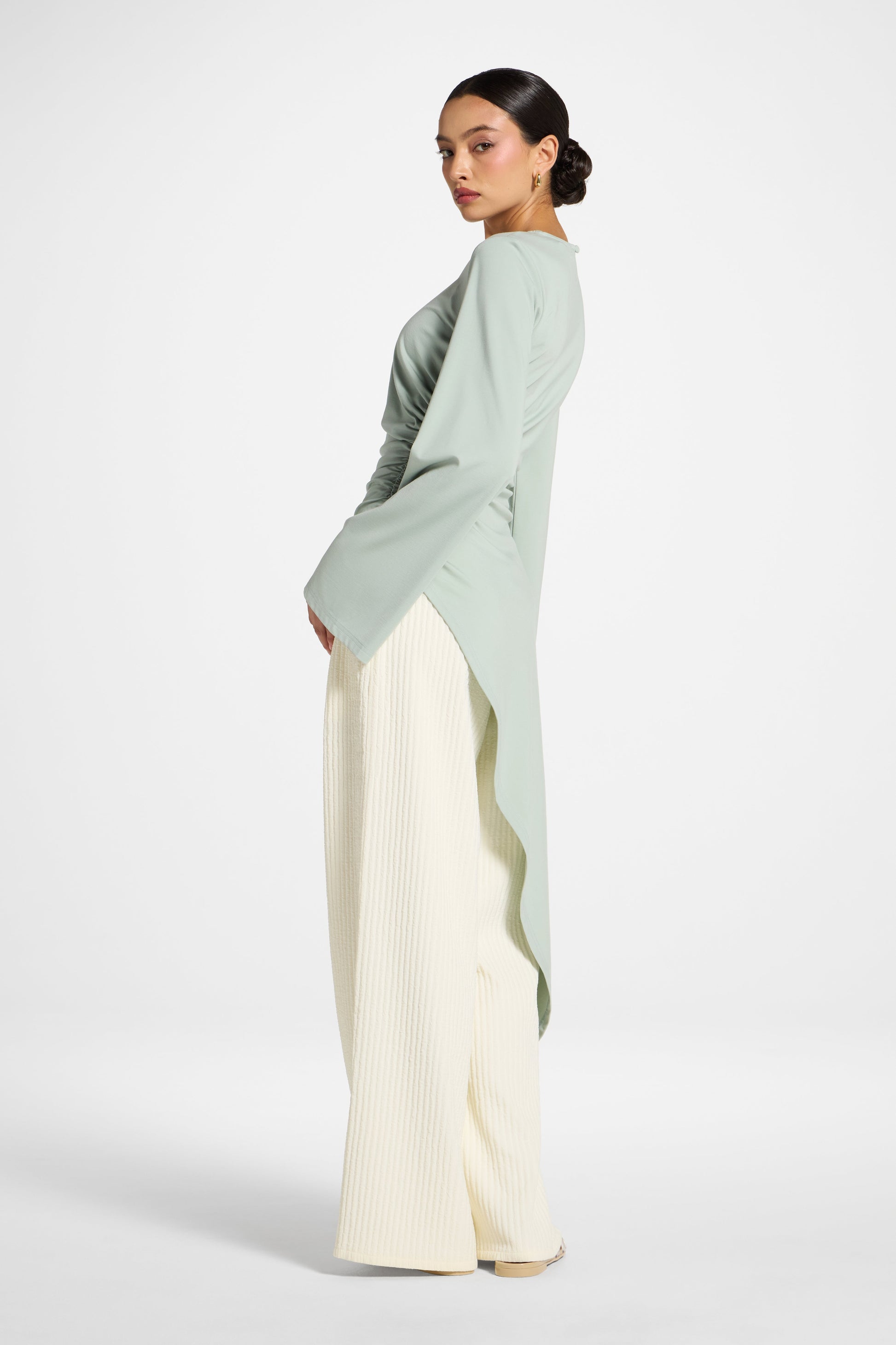 Azure Blue Asymmetric Midi Tunic Top with Ruched Waist