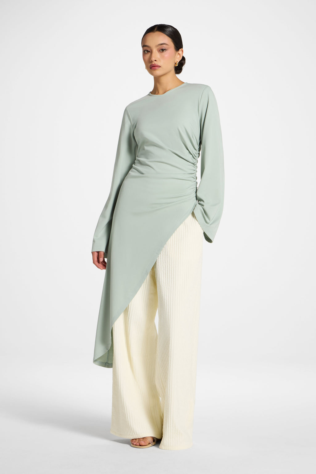 Azure Blue Asymmetric Midi Tunic Top with Ruched Waist