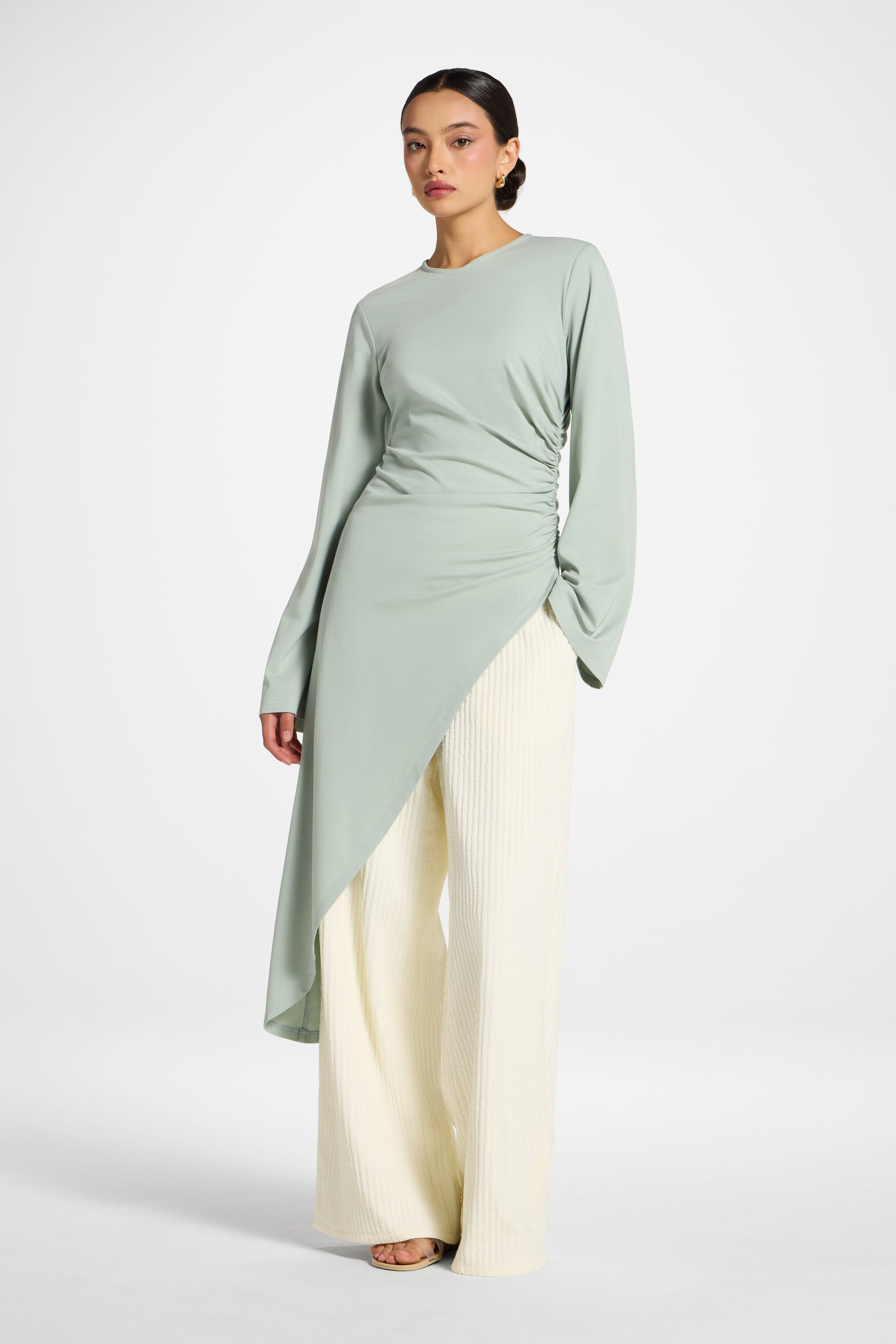 Azure Blue Asymmetric Midi Tunic Top with Ruched Waist