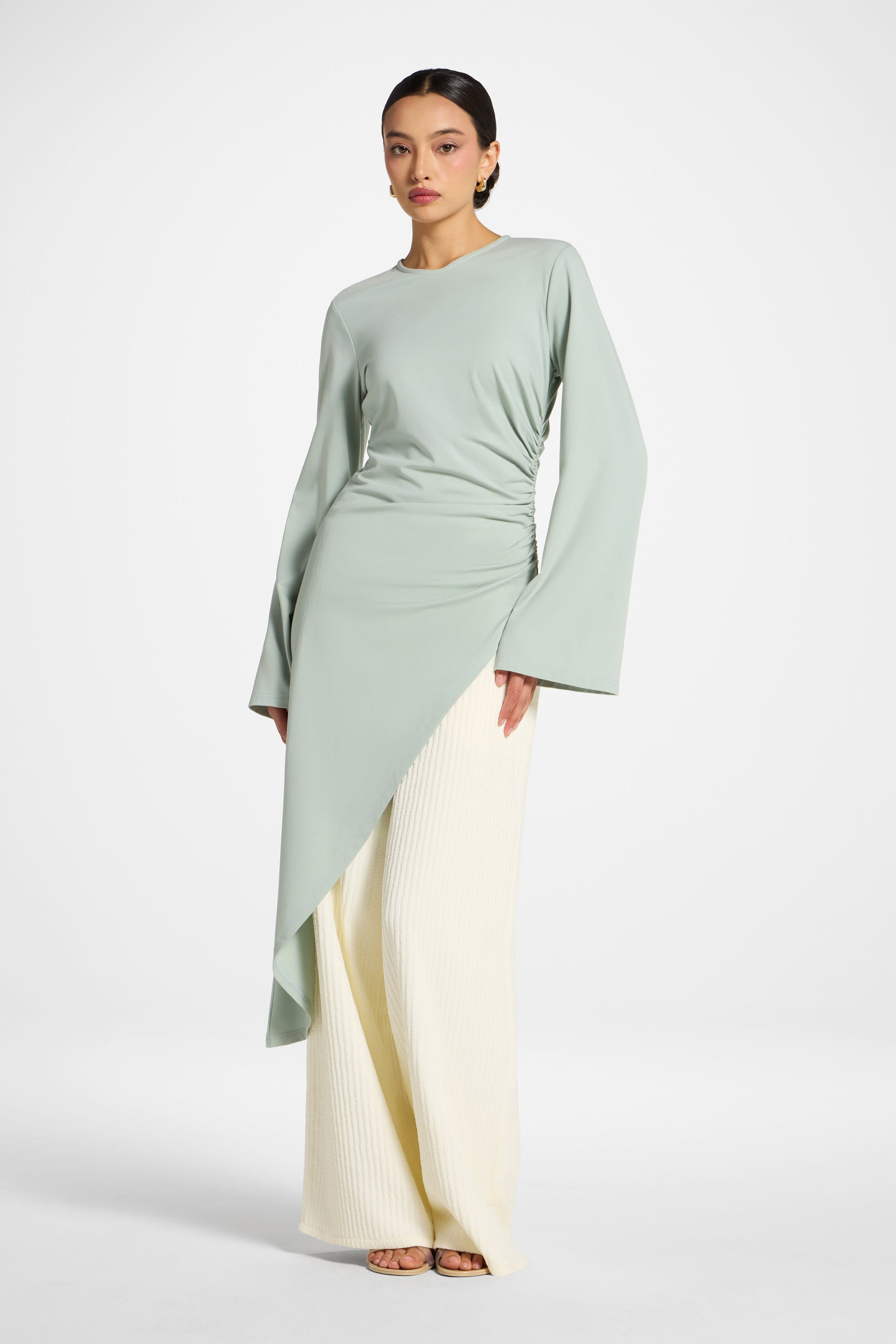 Azure Blue Asymmetric Midi Tunic Top with Ruched Waist