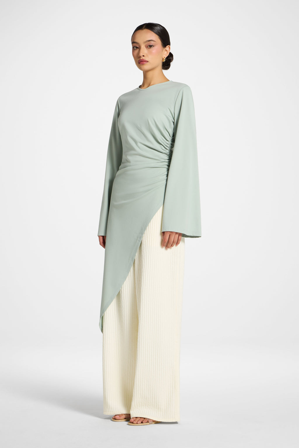 Azure Blue Asymmetric Midi Tunic Top with Ruched Waist