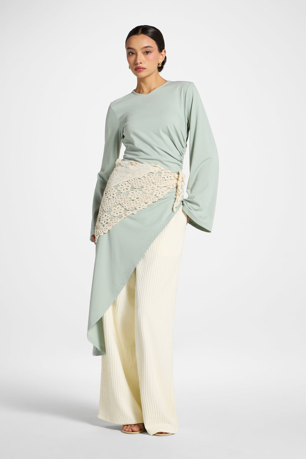 Azure Blue Asymmetric Midi Tunic Top with Ruched Waist