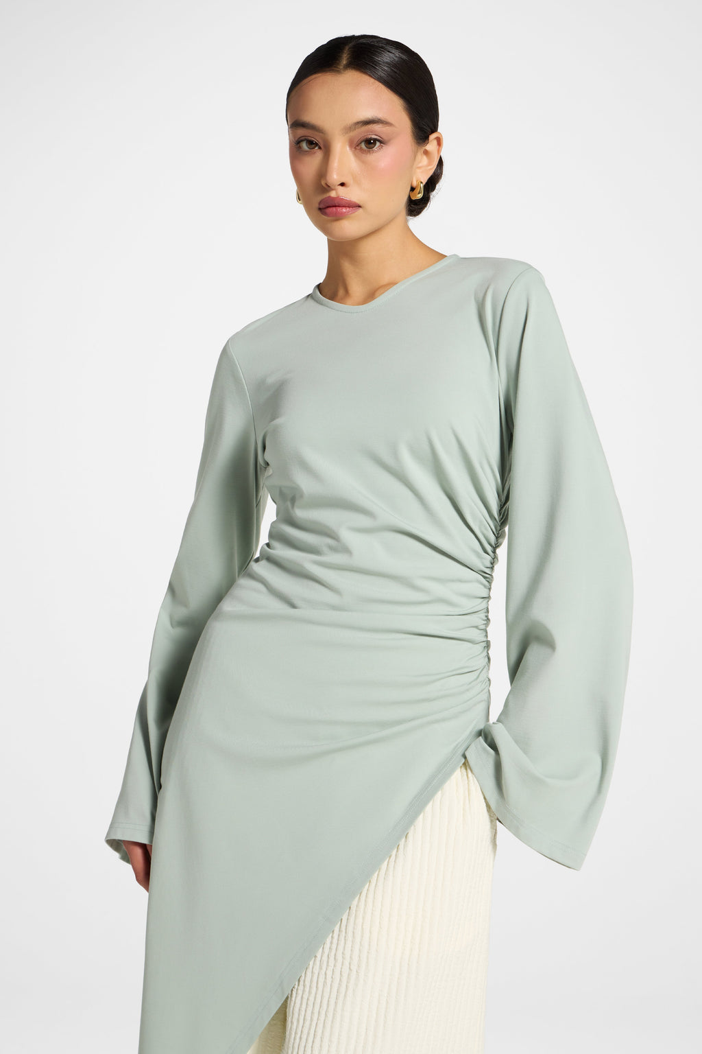 Azure Blue Asymmetric Midi Tunic Top with Ruched Waist
