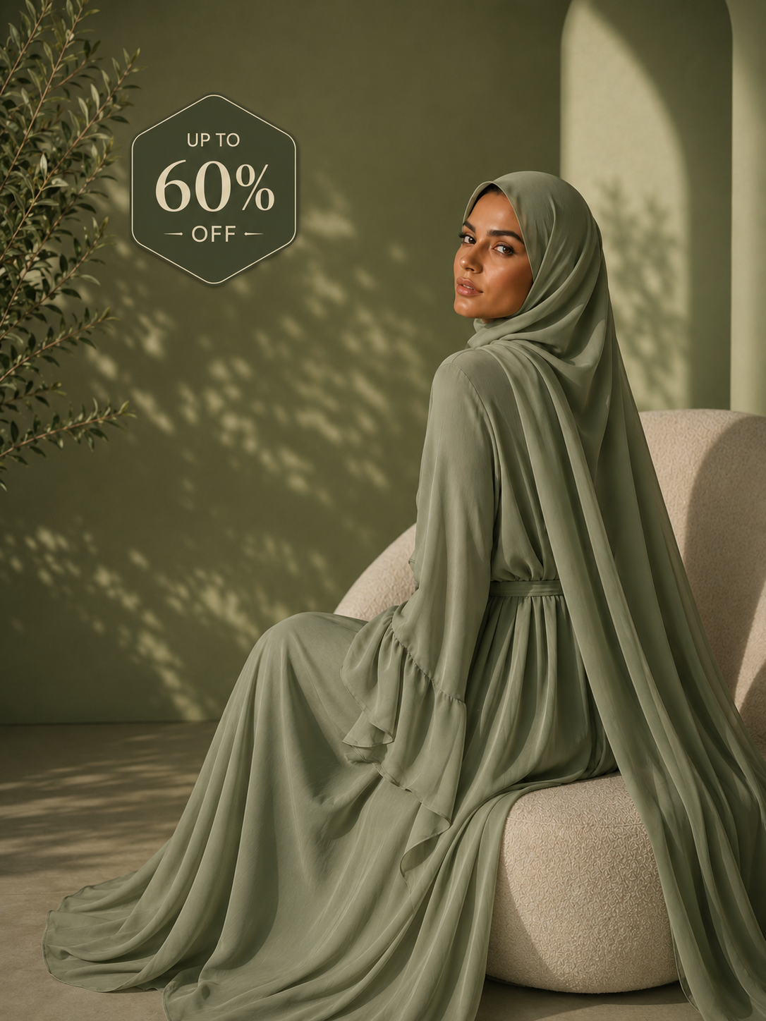 Woman in a green dress sitting on a couch with a '60% off' label in the corner.