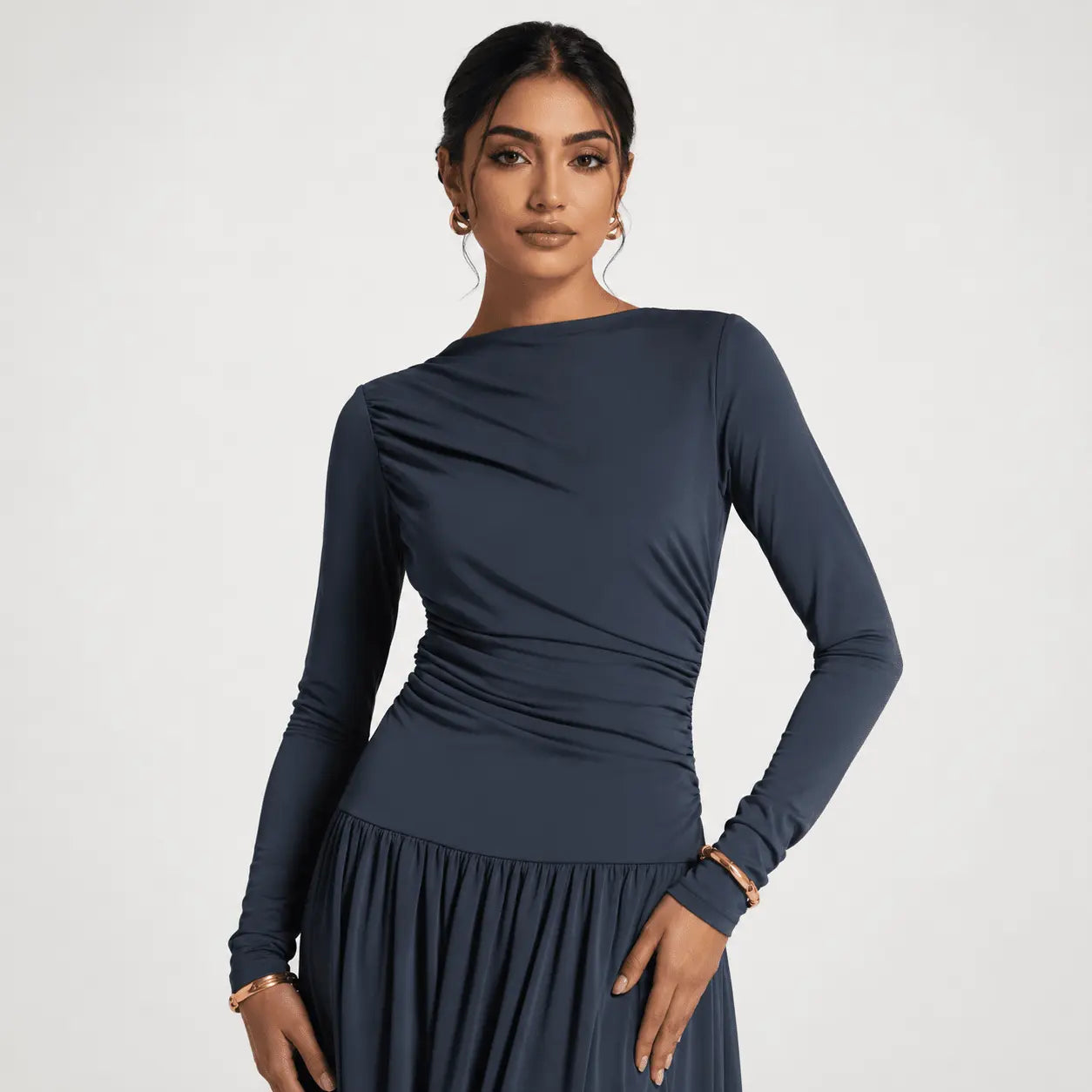 Navy blue long sleeve ruched dress with pleated skirt, elegant women's fashion