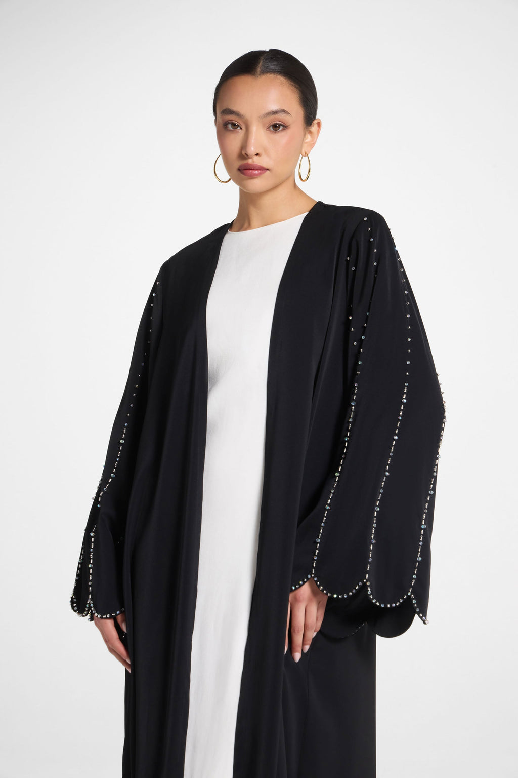 Black Beaded Open Abaya with Scalloped Sleeves