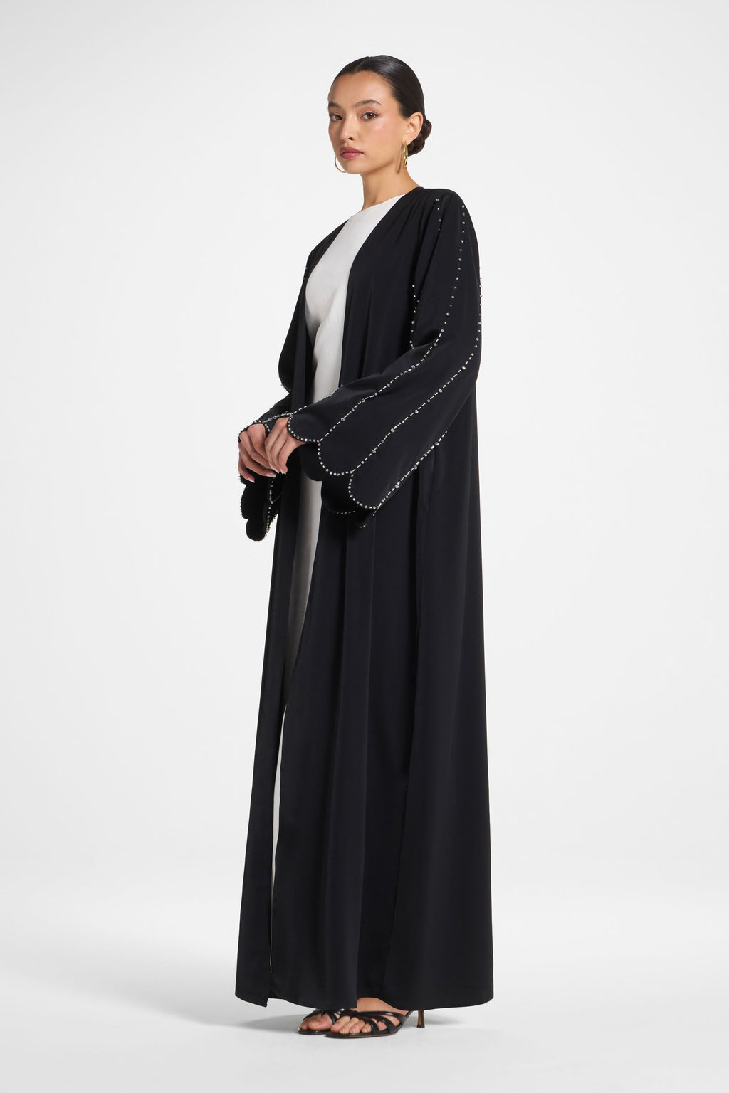 Black Beaded Open Abaya with Scalloped Sleeves