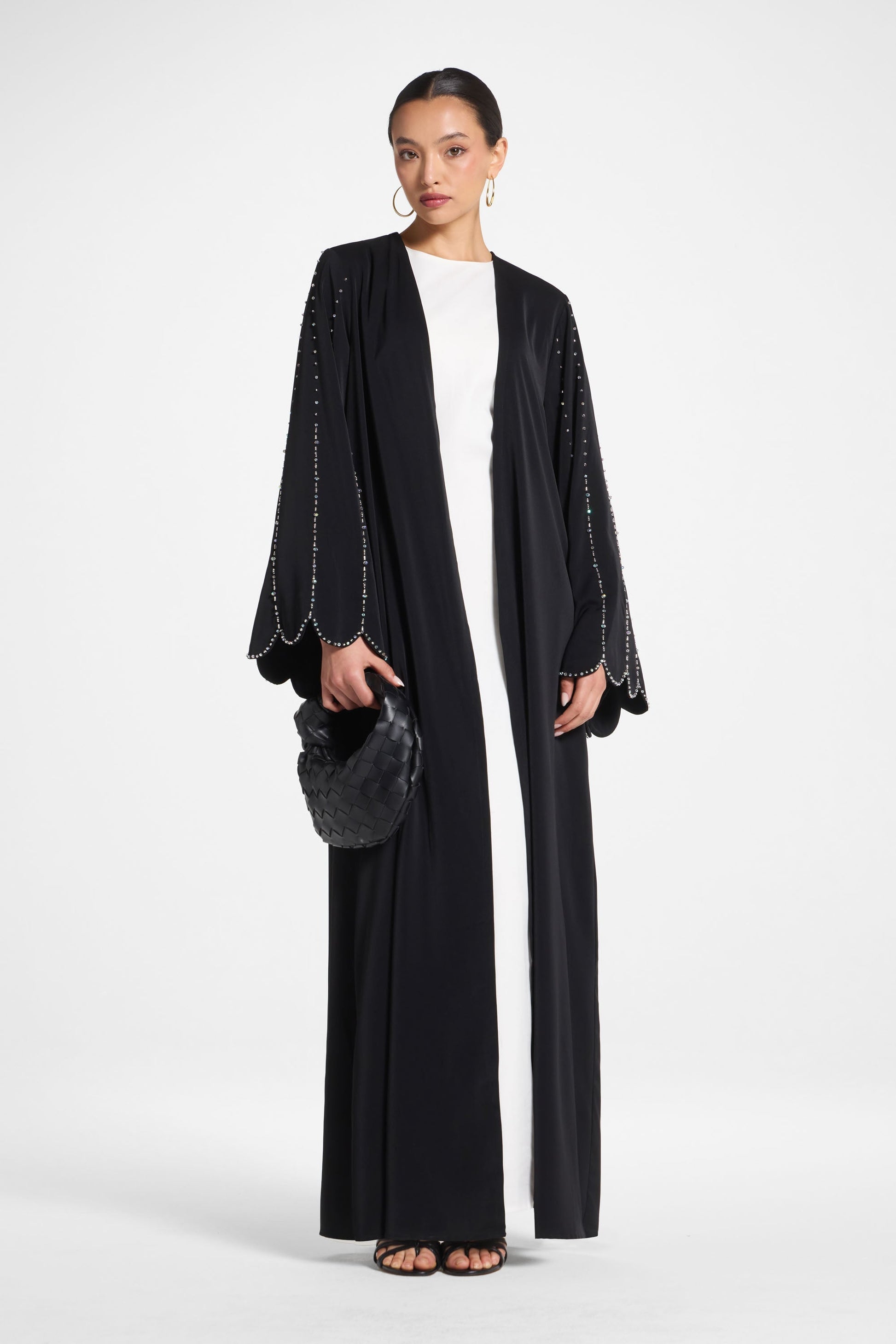 Black Beaded Open Abaya with Scalloped Sleeves
