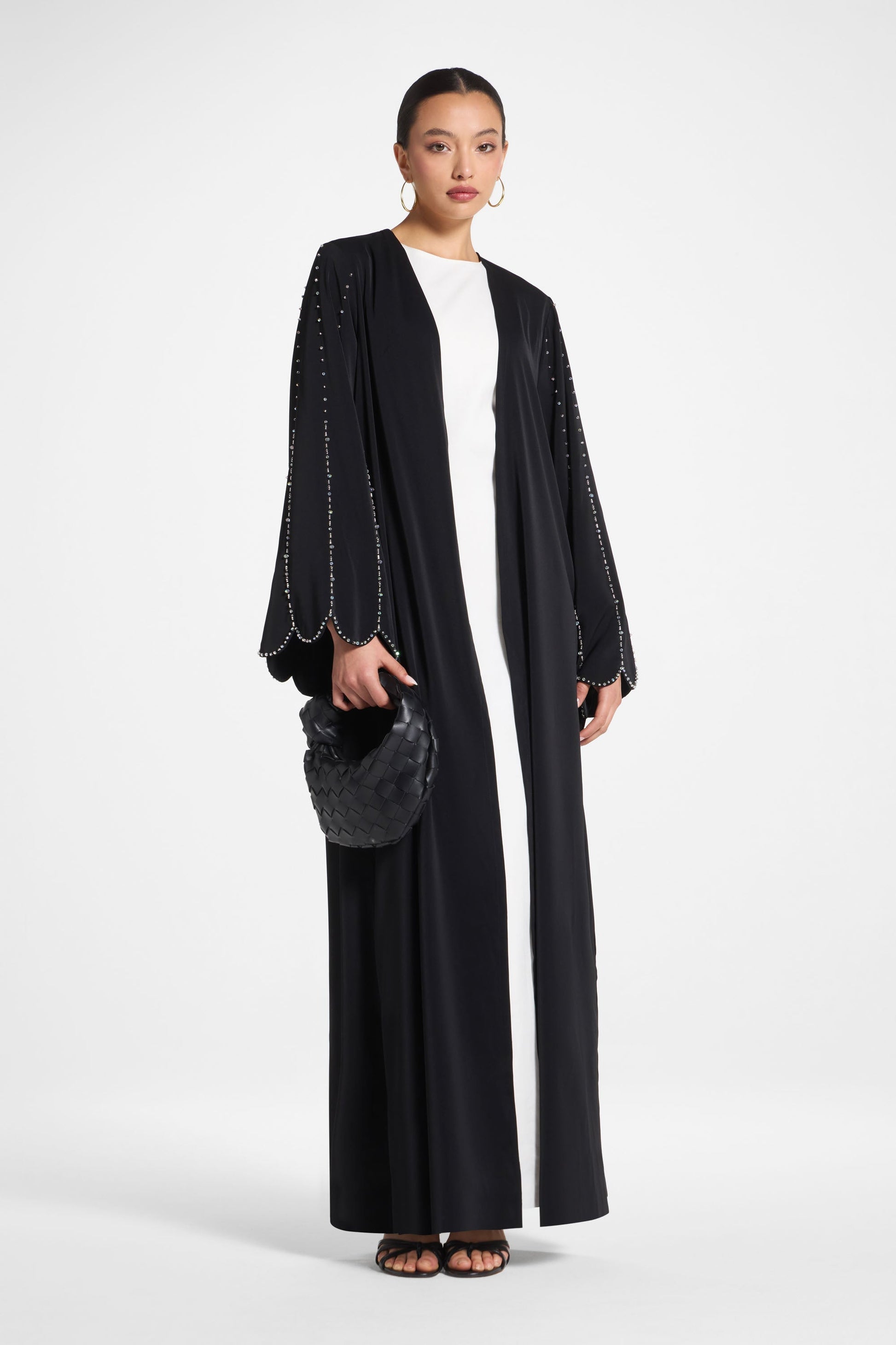 Black Beaded Open Abaya with Scalloped Sleeves