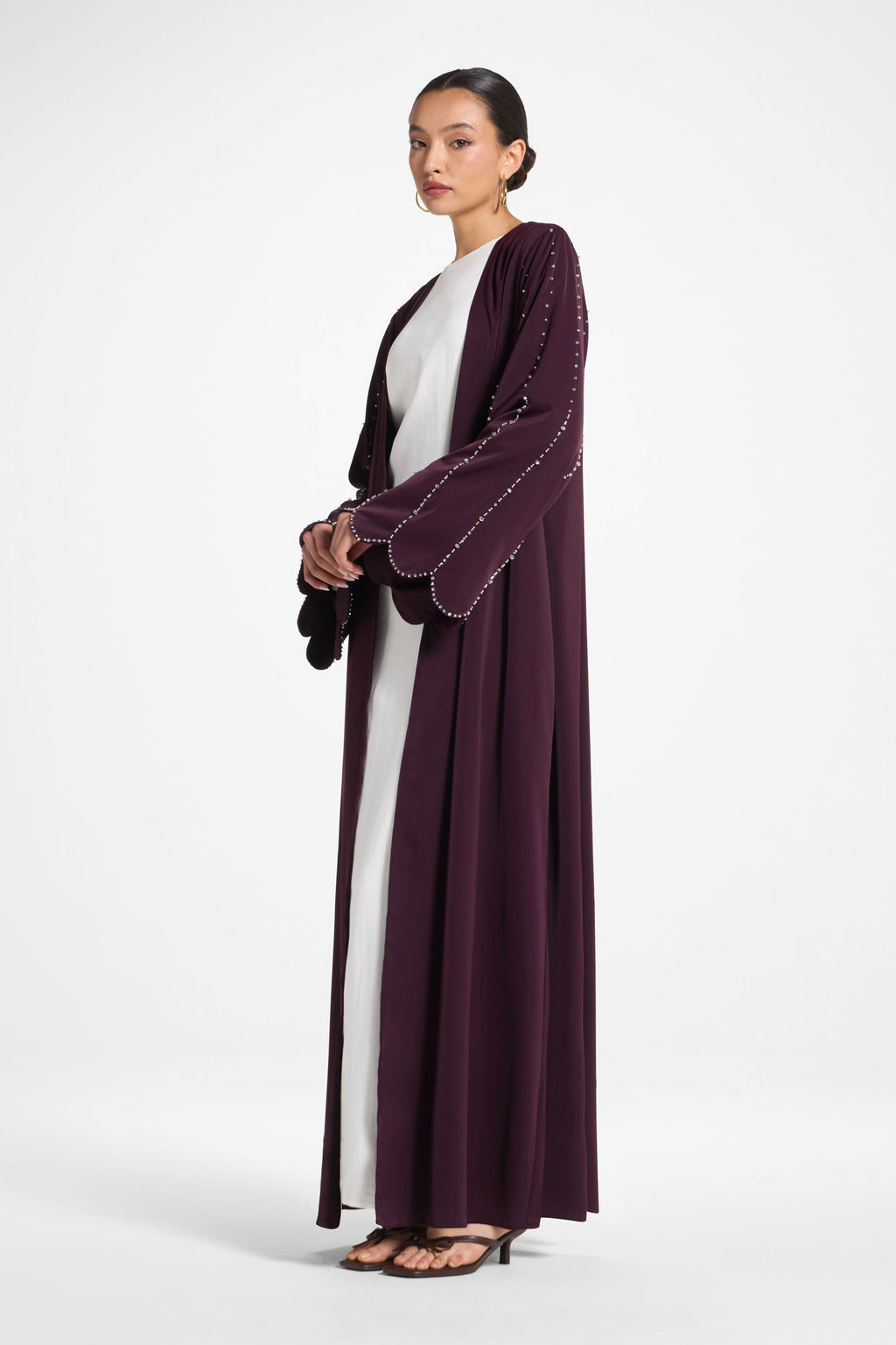 Plum Nada Scalloped Sleeve Embellished Open Abaya