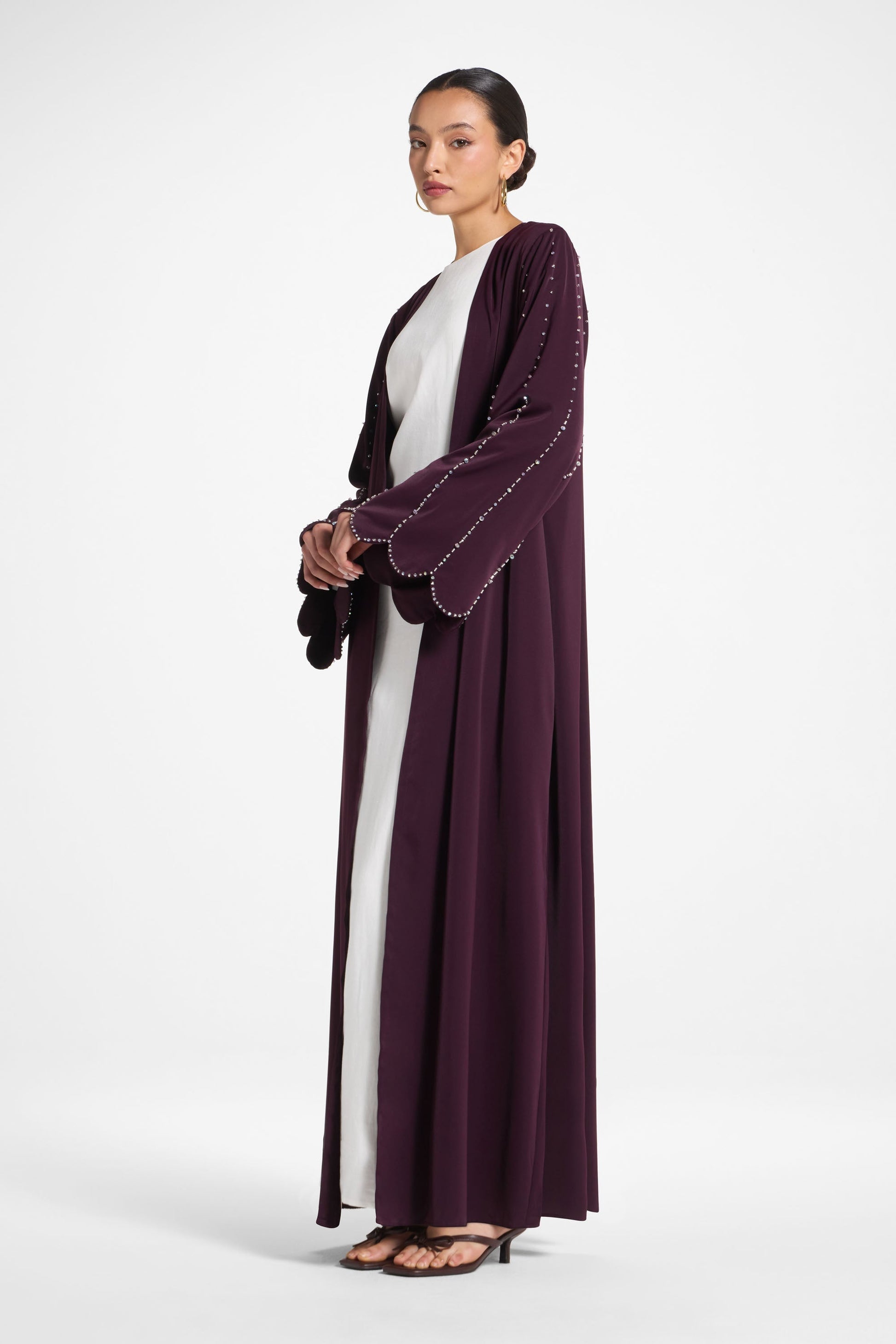 Plum Nada Scalloped Sleeve Embellished Open Abaya