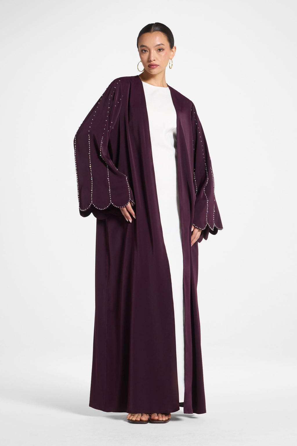 Plum Nada Scalloped Sleeve Embellished Open Abaya