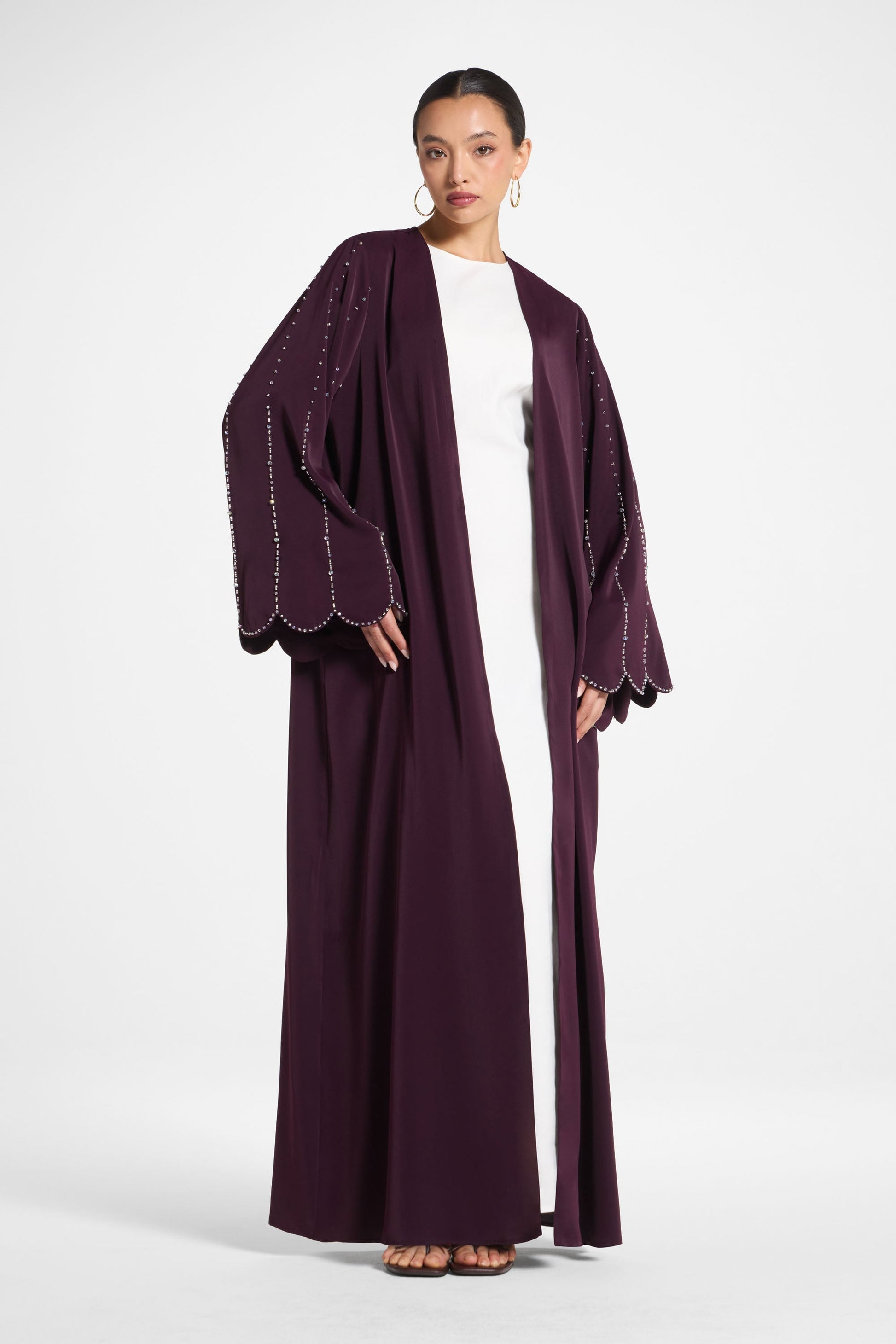 Plum Nada Scalloped Sleeve Embellished Open Abaya