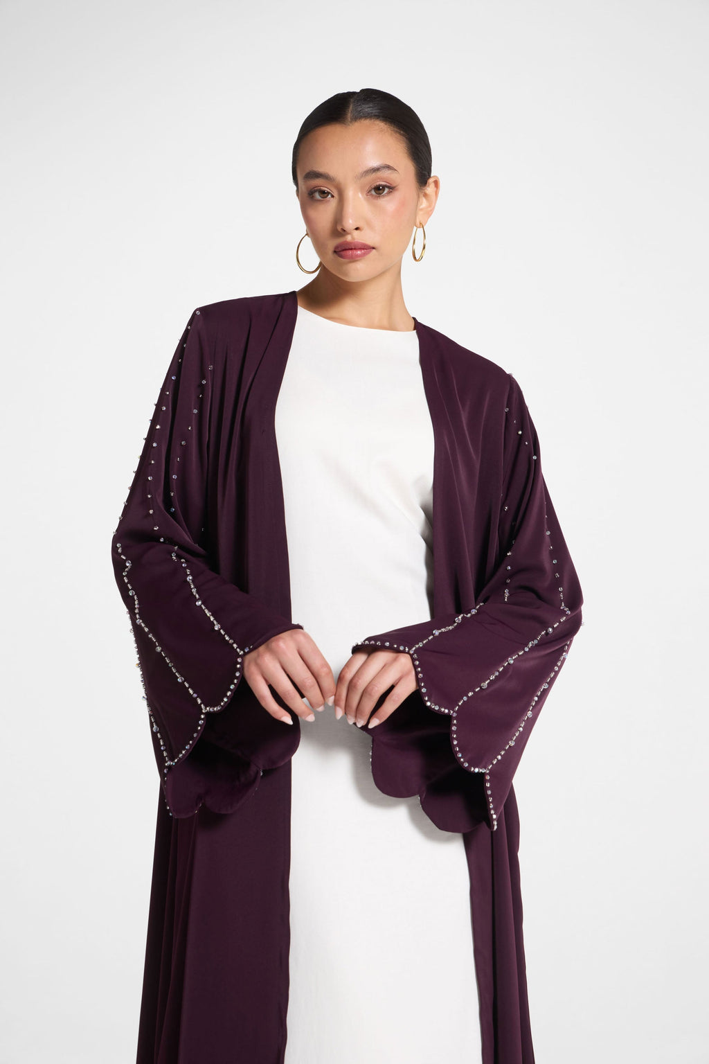 Plum Nada Scalloped Sleeve Embellished Open Abaya