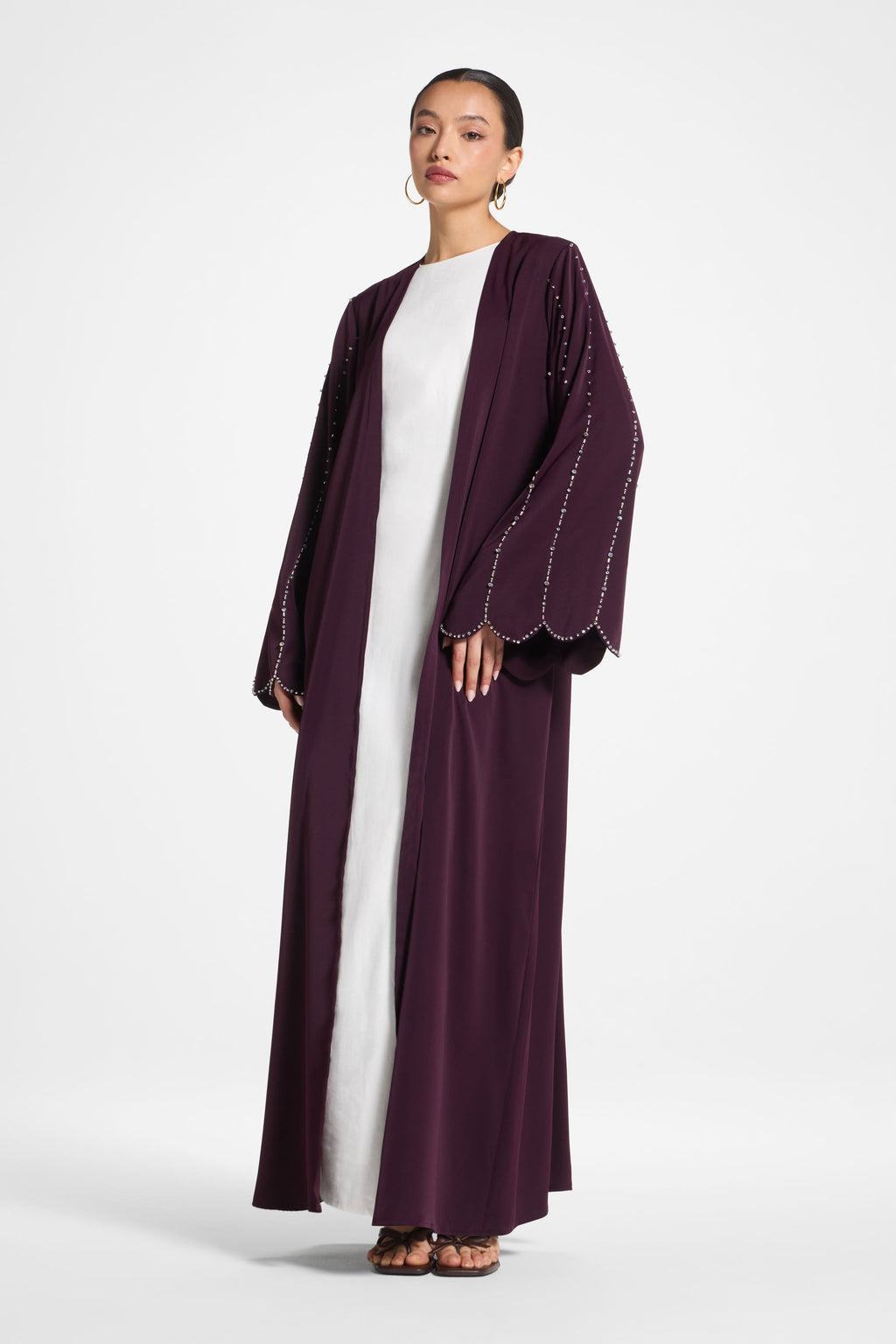 Plum Nada Scalloped Sleeve Embellished Open Abaya