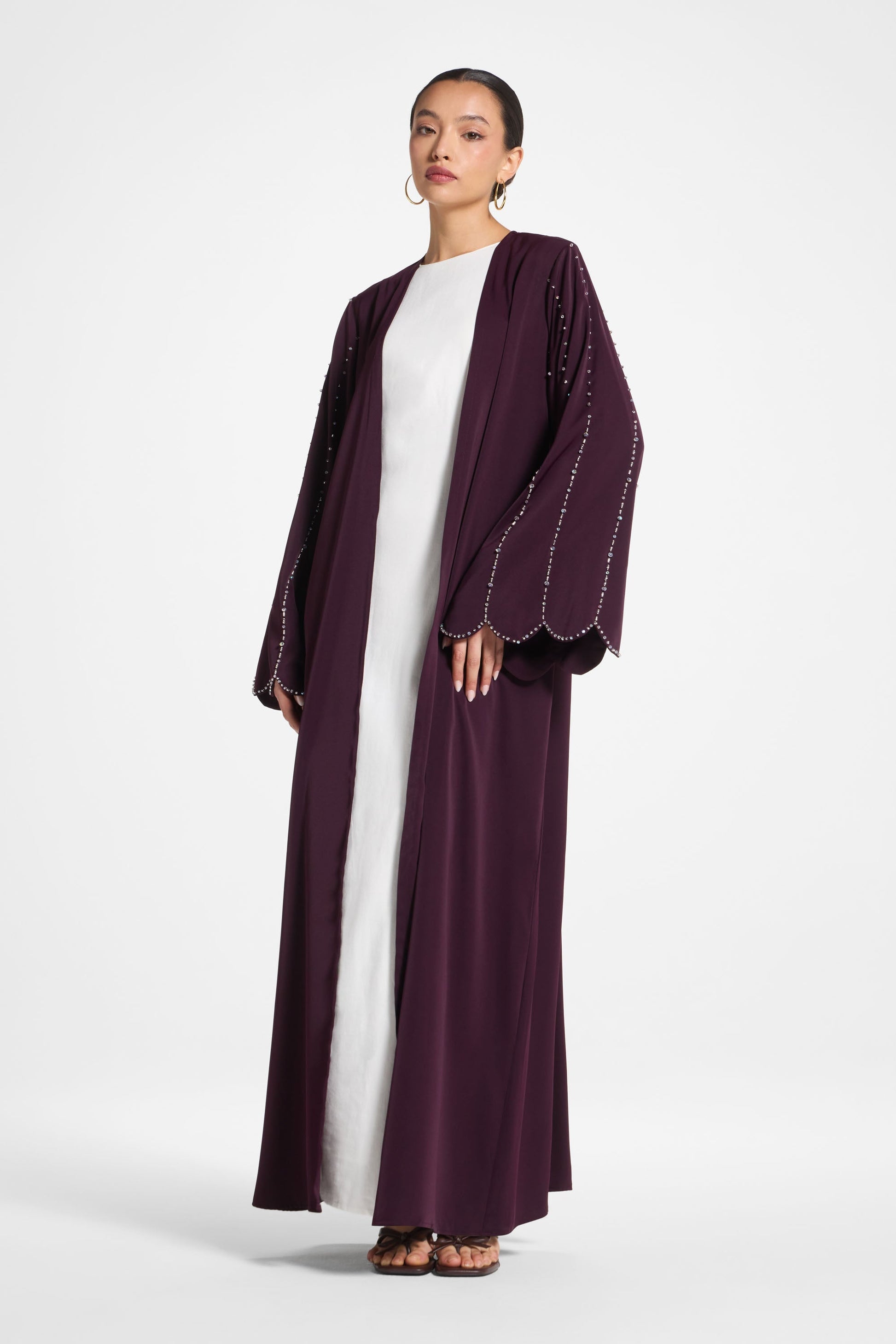 Plum Nada Scalloped Sleeve Embellished Open Abaya
